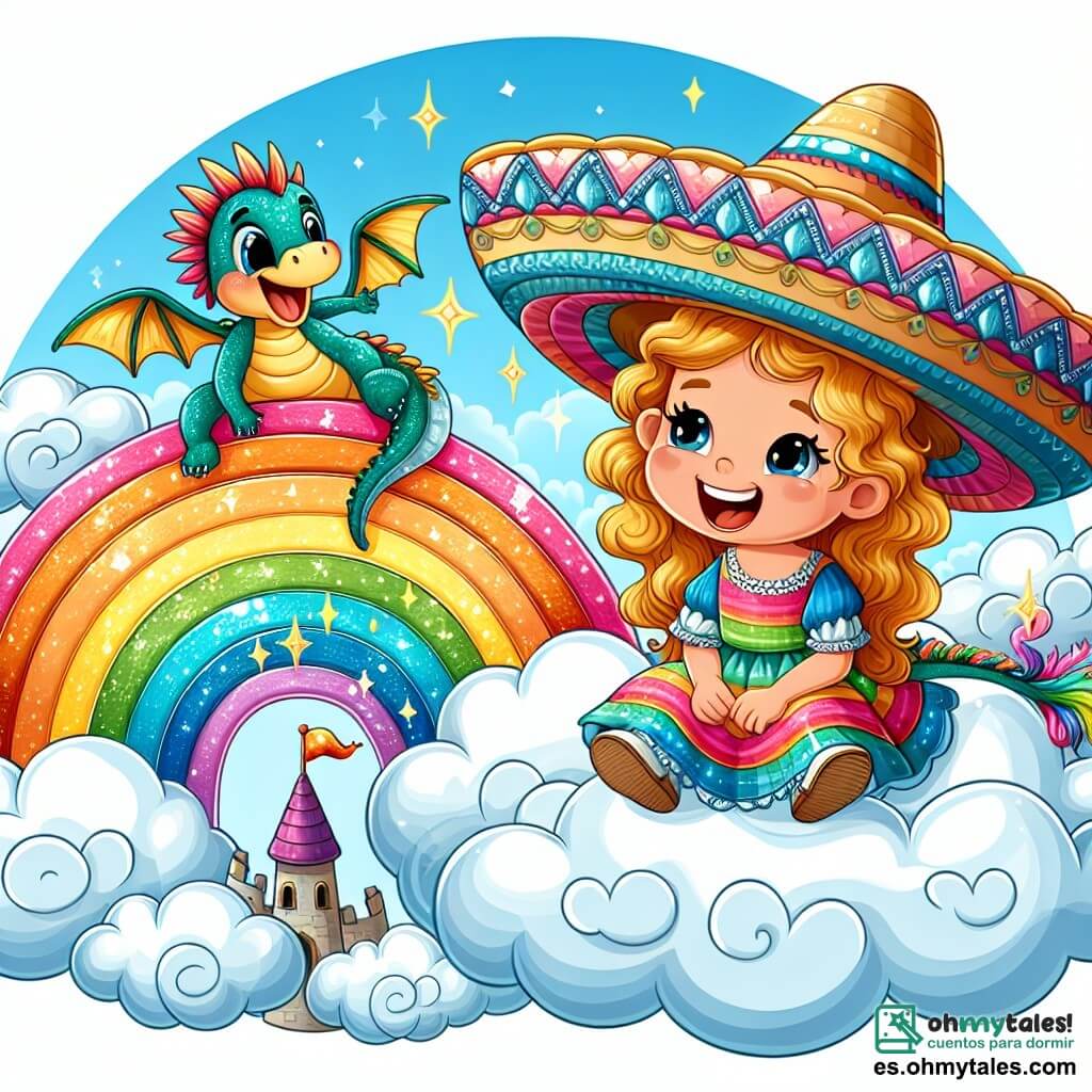Une illustration sous forme de dessin destinée aux enfants représentant un ciel bleu éclatant avec des nuages moelleux, où une fille de 7 ans aux cheveux bouclés et dorés, vêtue d'une robe colorée, est assise sur une grande nuage, riant et tenant une vieille sombrero décorée de couleurs vives, tandis qu'à ses côtés, un petit dragon aux écailles scintillantes et aux yeux pétillants, bat des ailes avec enthousiasme, et ensemble, ils contemplent un arc-en-ciel brillant qui surgit d'un château de nuages, symbolisant leur aventure magique et leur amitié naissante.