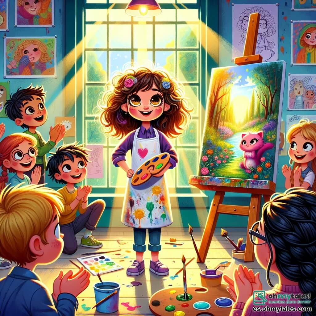 Ilustración que representa una escena vibrante en un aula decorada con colores vivos, con carteles de arte y dibujos colgados en las paredes. En el centro, una niña de 11 años, con cabello castaño rizado y grandes ojos brillantes, se encuentra frente a un caballete, sosteniendo una paleta de pintura en una mano y un pincel en la otra. Lleva una bata de pintor manchada de colores, y su rostro expresa una combinación de emoción y nerviosismo. Alrededor de ella, varios compañeros de clase, chicos y chicas de aproximadamente 11 años, la observan con sonrisas alentadoras. Uno de ellos, un niño de cabello rubio corto y gafas, aplaude con entusiasmo, mientras que una niña de cabello negro trenzado, con los brazos cruzados, mira con admiración. La situación principal muestra a la niña presentando su pintura, un cuadro que representa un bosque encantado, a sus compañeros, que están cautivados por su arte. Rayos de luz se filtran a través de las ventanas, iluminando la escena y creando una atmósfera cálida e inspiradora. Pinceles, tarros de pintura y hojas de papel están esparcidos a su alrededor, añadiendo un toque creativo al entorno.