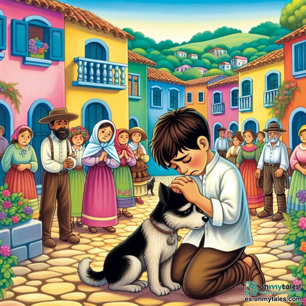 Une illustration destinée aux enfants représentant un garçon au cœur brisé par la perte de son fidèle compagnon canin, entouré de sa famille et de ses amis, dans le paisible village de Villa Esperanza, où les maisons colorées bordent des rues pavées et des jardins fleuris.