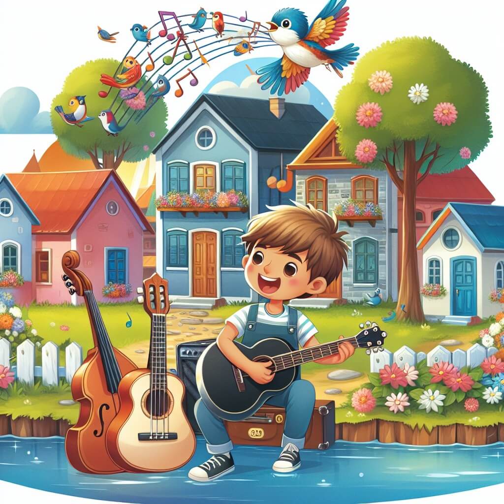 Une illustration destinée aux enfants représentant un jeune homme passionné par la musique, entouré d'instruments de toutes sortes, accompagné d'un oiseau mélodieux, dans un village pittoresque avec des maisons colorées, des arbres fleuris et une rivière scintillante.