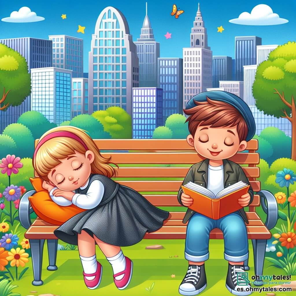 Une illustration destinée aux enfants représentant une jeune fille endormie sur un banc au milieu d'un parc moderne et animé, accompagnée d'un charmant jeune homme lisant un livre, dans une ville bruyante et colorée.