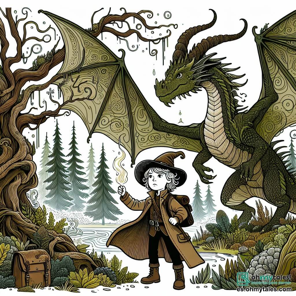 Une illustration destinée aux enfants représentant un aventurier curieux, un dragon majestueux et un bosquet enchanté aux arbres centenaires, musgoso y lleno de secretos.