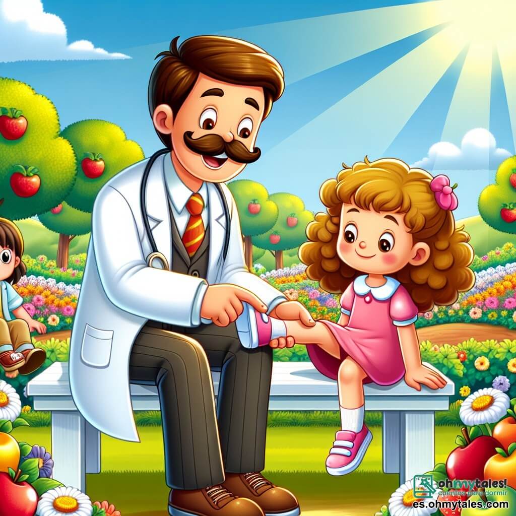 Une illustration sous forme de dessin destinée aux enfants représentant un parc ensoleillé rempli de fleurs colorées, où un homme grand avec une grande moustache et un sourire chaleureux, vêtu d'une blouse blanche, examine la jambe d'un garçon aux cheveux bruns et bouclés, assis sur un banc, tandis qu'une fille aux cheveux longs et blonds, portant une robe rose, les regarde avec curiosité, tous deux entourés de fruits frais comme des pommes et des fraises, symbolisant l'importance de la santé et de l'amitié.