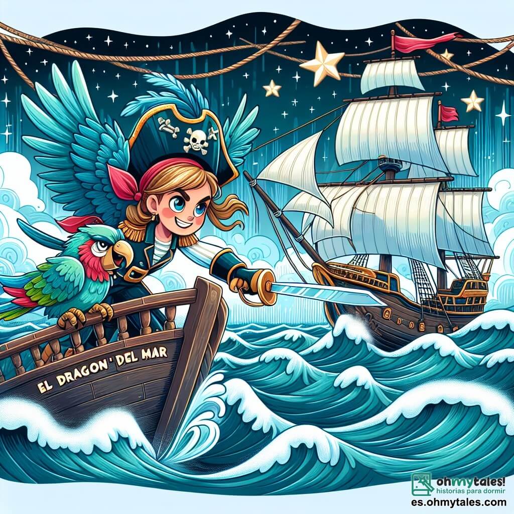 Une illustration destinée aux enfants représentant une capitaine courageuse (fille) affrontant des pirates maléfiques lors d'une bataille navale épique, avec son fidèle perroquet (garçon) perché sur son épaule, sur un navire majestueux nommé "El Dragón del Mar", naviguant à travers des vagues tumultueuses et une mer scintillante sous un ciel étoilé.