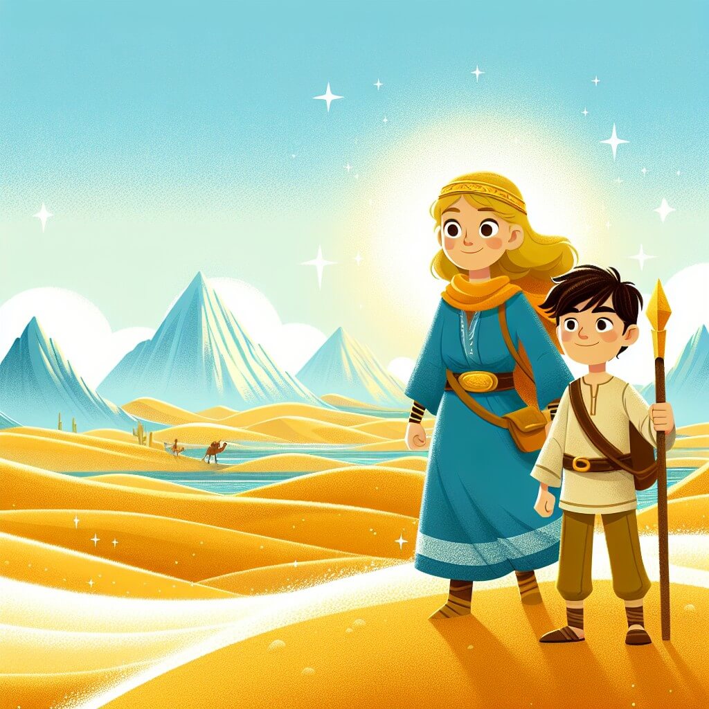 Une illustration destinée aux enfants représentant une petite fille intrépide, accompagnée d'un ami courageux, se tenant devant un immense désert doré avec des dunes de sable brillantes et un ciel bleu sans fin.