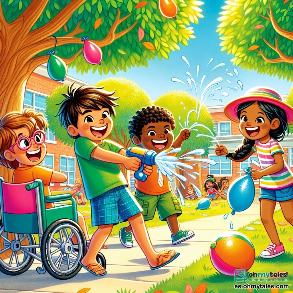 Ilustración que representa una escena alegre en un gran patio de escuela soleado, rodeado de altos árboles con hojas verdes brillantes. En el centro, un grupo de cuatro amigos se divierte en una batalla de globos de agua, con salpicaduras de agua brillantes que vuelan por el aire. Un niño de unos 8 años, con cabello castaño alborotado y una gran sonrisa, lleva una camiseta colorida y un short. Sostiene un globo de agua listo para lanzarlo. A su lado, una niña de 7 años, con trenzas rubias y gafas rosas, ríe a carcajadas mientras sostiene otro globo de agua. Otro niño, de 9 años, en silla de ruedas, tiene cabello negro y lleva un sombrero de sol. Sonríe alegremente, listo para participar en la batalla. Finalmente, una niña de 8 años, con cabello pelirrojo y pecas, está llenando globos de agua con gran alegría. La escena está llena de risas y energía, con globos reventados en el suelo y salpicaduras de agua a su alrededor. El cielo es azul con algunas nubes blancas, y las risas de los niños resuenan en el aire, capturando el espíritu de amistad y diversión.