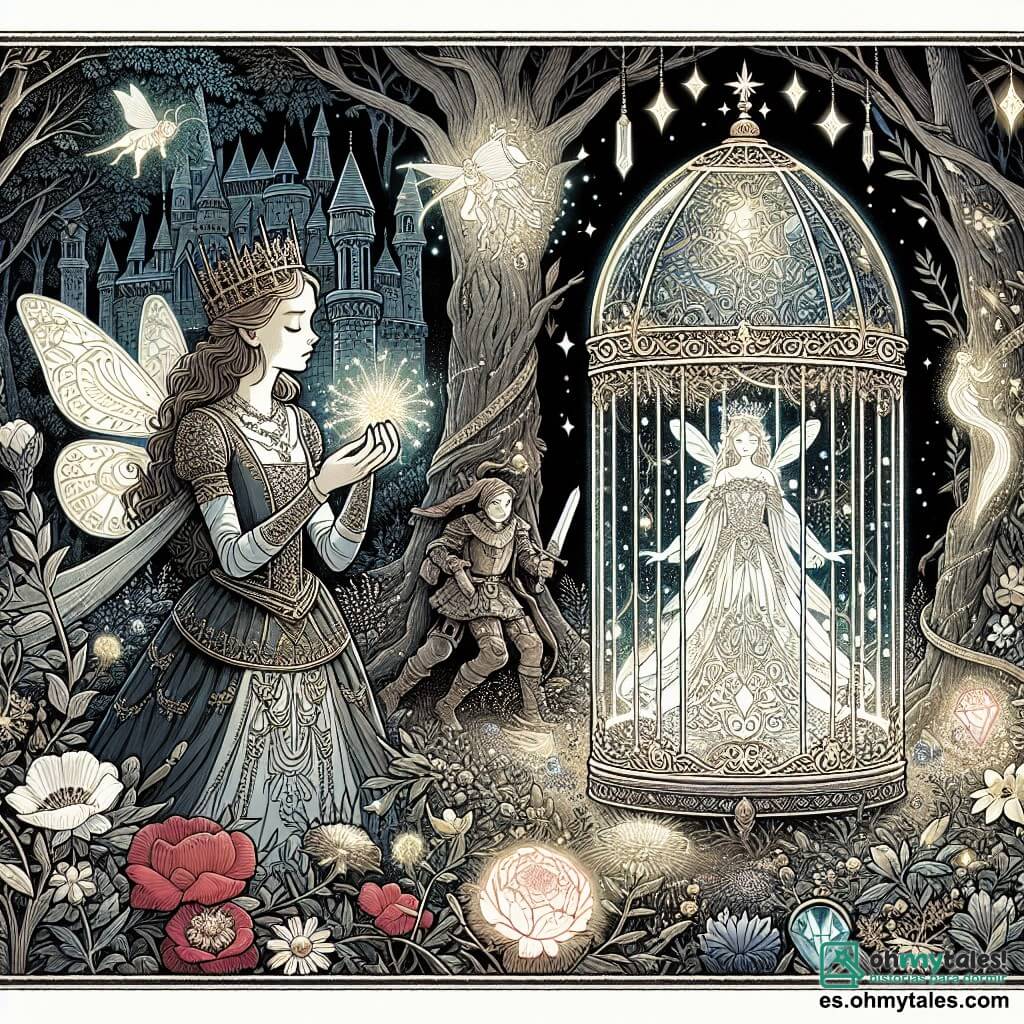 Une illustration destinée aux enfants représentant une princesse courageuse, une fée pleurant dans une cage de cristal, un bosquet enchanté entouré de fleurs lumineuses et d'arbres majestueux.