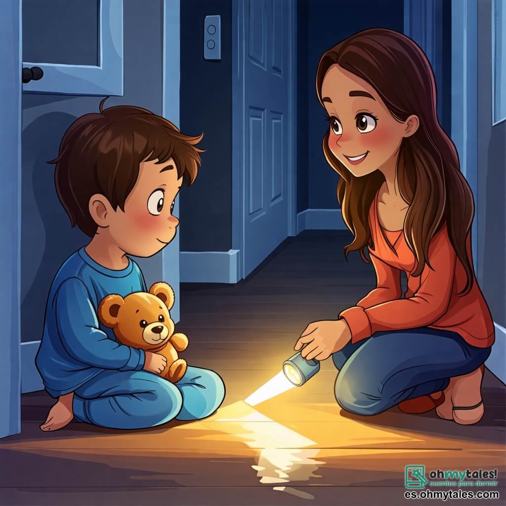 Une illustration sous forme de dessin destinée aux enfants représentant un couloir sombre et accueillant d'une maison, avec un petit garçon de 2 ans aux cheveux châtains, portant un pyjama bleu, tenant un osito de peluche contre lui, regardant avec curiosité une lumière douce émise par une lampe de poche, tandis qu'une maman souriante, avec des cheveux longs et bruns, s'accroupit à côté de lui, lui montrant que les ombres dans le couloir ne sont que des amis, créant une atmosphère chaleureuse et rassurante, où la peur du noir se transforme en une aventure pleine de douceur.