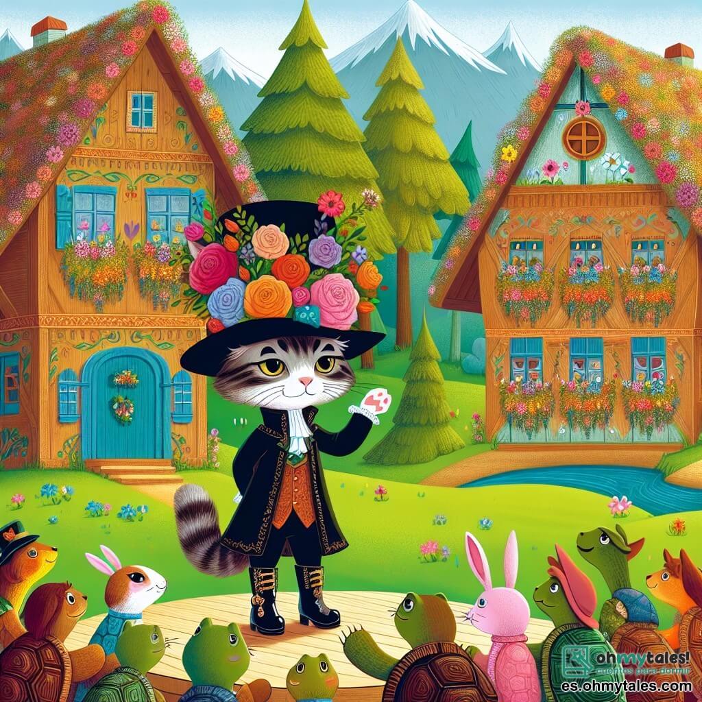 Une illustration sous forme de dessin destinée aux enfants représentant un village coloré et enchanteur, avec des maisons aux toits en fleurs et des arbres majestueux, où un élégant chat aux bottes brillantes et au grand chapeau de feutre, un mâle au regard déterminé, se tient sur une scène en bois, levant une patte pour s'adresser à un groupe d'animaux, dont une tortue âgée, une femelle avec une carapace ornée de fleurs, et un jeune lapin, un mâle aux grandes oreilles, qui l'écoutent avec attention, alors qu'ils planifient ensemble un festival pour sauver leur forêt en danger, remplis d'espoir et d'énergie.