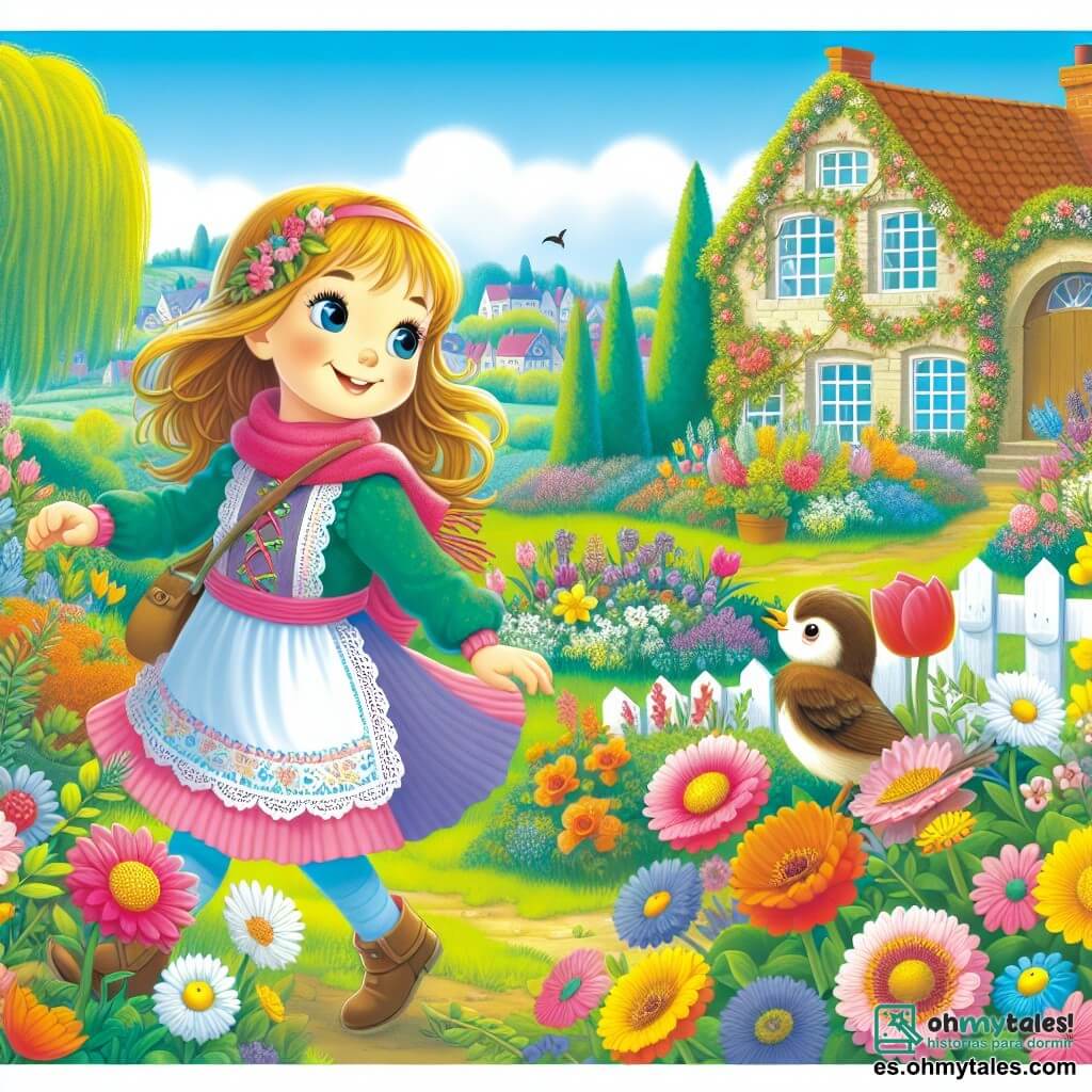 Une illustration destinée aux enfants représentant une jeune fille pleine de vie, se promenant dans un magnifique jardin printanier rempli de fleurs colorées, accompagnée d'un petit oiseau curieux.