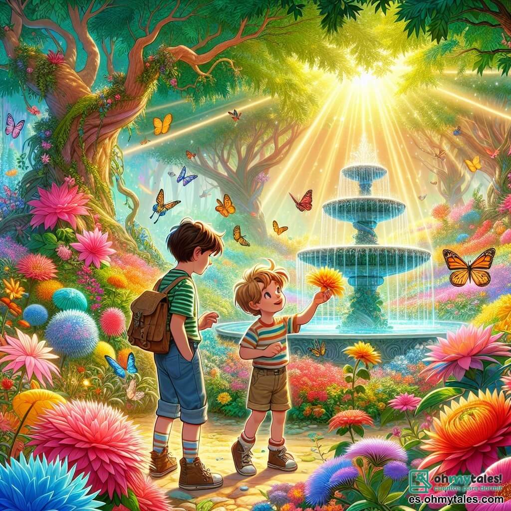 Ilustración que representa un jardín mágico y colorido, lleno de flores brillantes en tonos vivos de rosa, azul y amarillo, con árboles majestuosos de hojas exuberantes. En el centro, una fuente brillante de agua cristalina, rodeada de mariposas danzantes y rayos de sol filtrándose a través de las ramas. Un niño de 9 años, con cabello castaño desordenado y ojos chispeantes de curiosidad, está extendiendo la mano hacia una gran flor de pétalos dorados, su rostro iluminado por el asombro. Lleva una camiseta a rayas y un pantalón corto de mezclilla, con zapatillas desgastadas que atestiguan sus muchas aventuras. A su lado, otro niño, también de unos 9 años, con cabello rubio y gafas redondas, observa atentamente la escena. Viste una camiseta verde y un pantalón corto beige, sosteniendo un pequeño cuaderno en la mano, listo para anotar sus descubrimientos. La situación principal muestra a los dos amigos, cautivados por la belleza del jardín, mientras descubren tesoros ocultos y se preparan para enfrentar desafíos mágicos. En el fondo, rayos de luz dorada iluminan el jardín, creando una atmósfera de misterio y aventura.