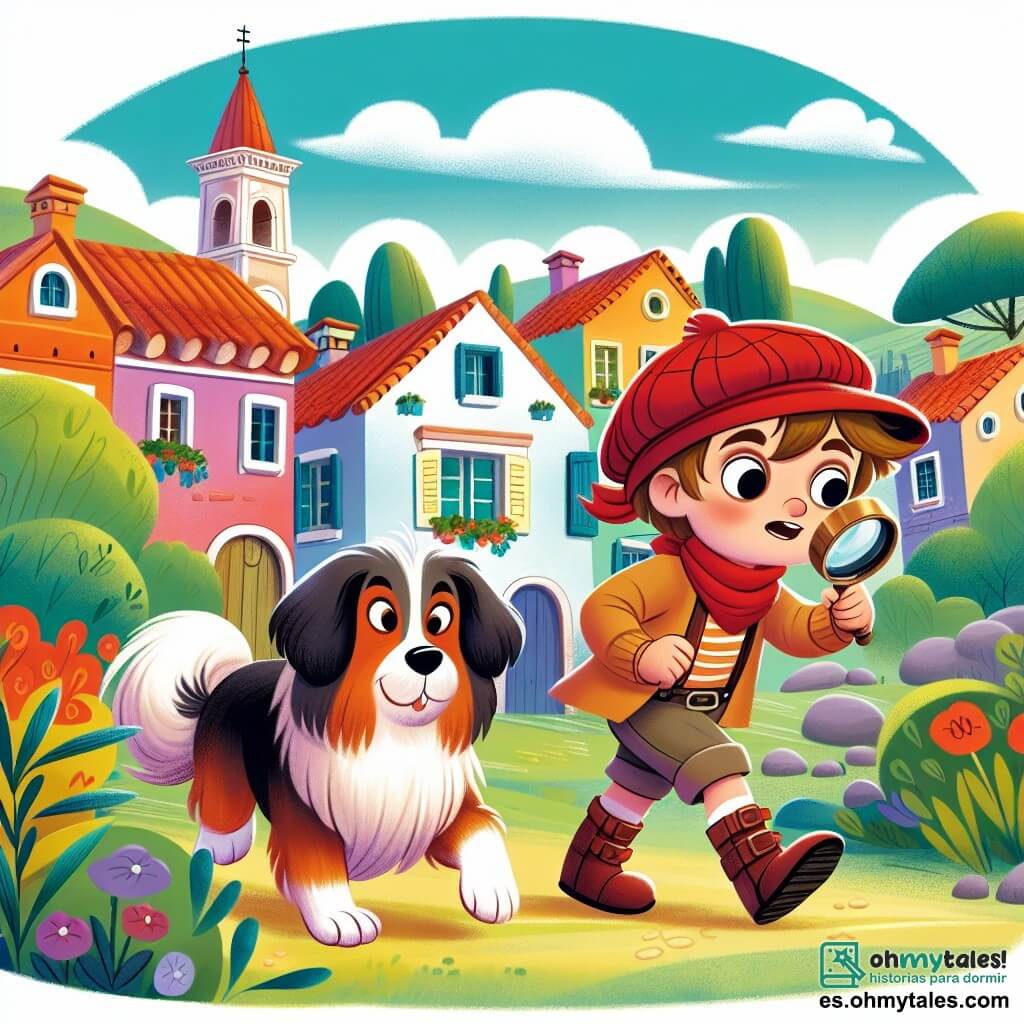 Une illustration destinée aux enfants représentant un petit garçon curieux et courageux, accompagné de son fidèle chien Max, résolvant un mystère dans le pittoresque village coloré de Villa Arcoíris.