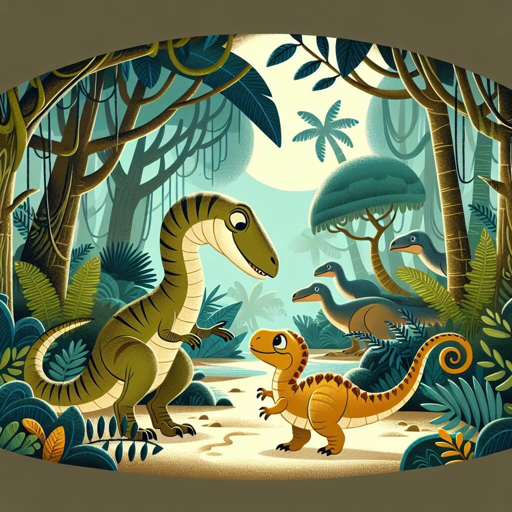 Une illustration destinée aux enfants représentant un vélociraptor curieux et intrépide, se liant d'amitié avec un bébé dinosaure aux écailles dorées, dans la luxuriante et mystérieuse jungle préhistorique.