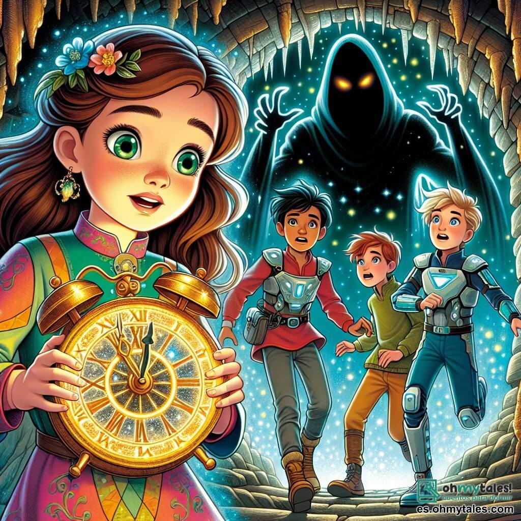 Une illustration sous forme de dessin destinée aux enfants représentant une caverne magique aux murs scintillants, où une fille de 9 ans aux cheveux castaigns et aux yeux verts, vêtue d'une tunique colorée, tient un ancien et lumineux réveil en or, entourée de trois garçons aux tenues futuristes, avec des expressions d'émerveillement sur leurs visages, alors qu'ils font face à une ombre menaçante qui se profile dans l'obscurité, symbolisant leur lutte contre un mal ancien pour restaurer la magie de leur monde.