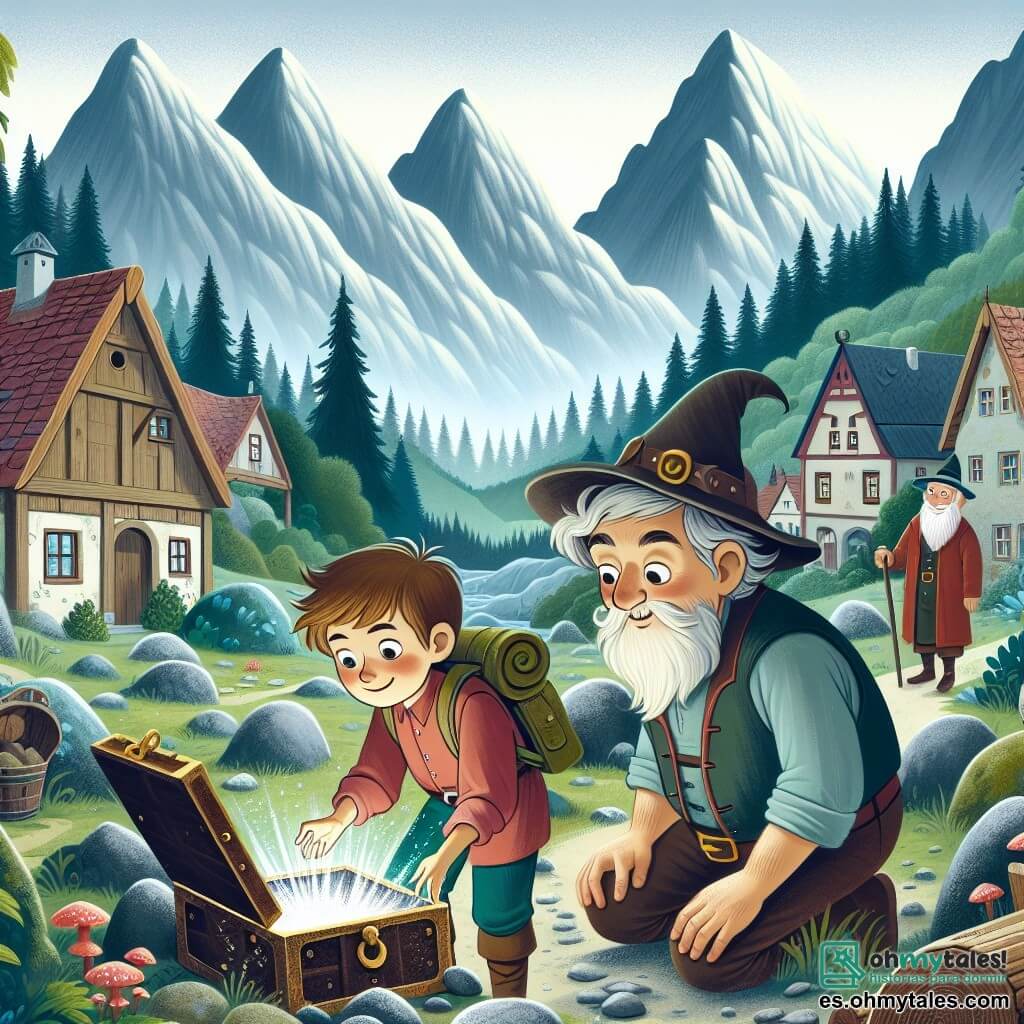 Une illustration destinée aux enfants représentant un jeune garçon intrépide découvrant un mystérieux artefact magique, accompagné de son sage grand-père, dans un village pittoresque entouré de montagnes escarpées et de forêts enchantées.
