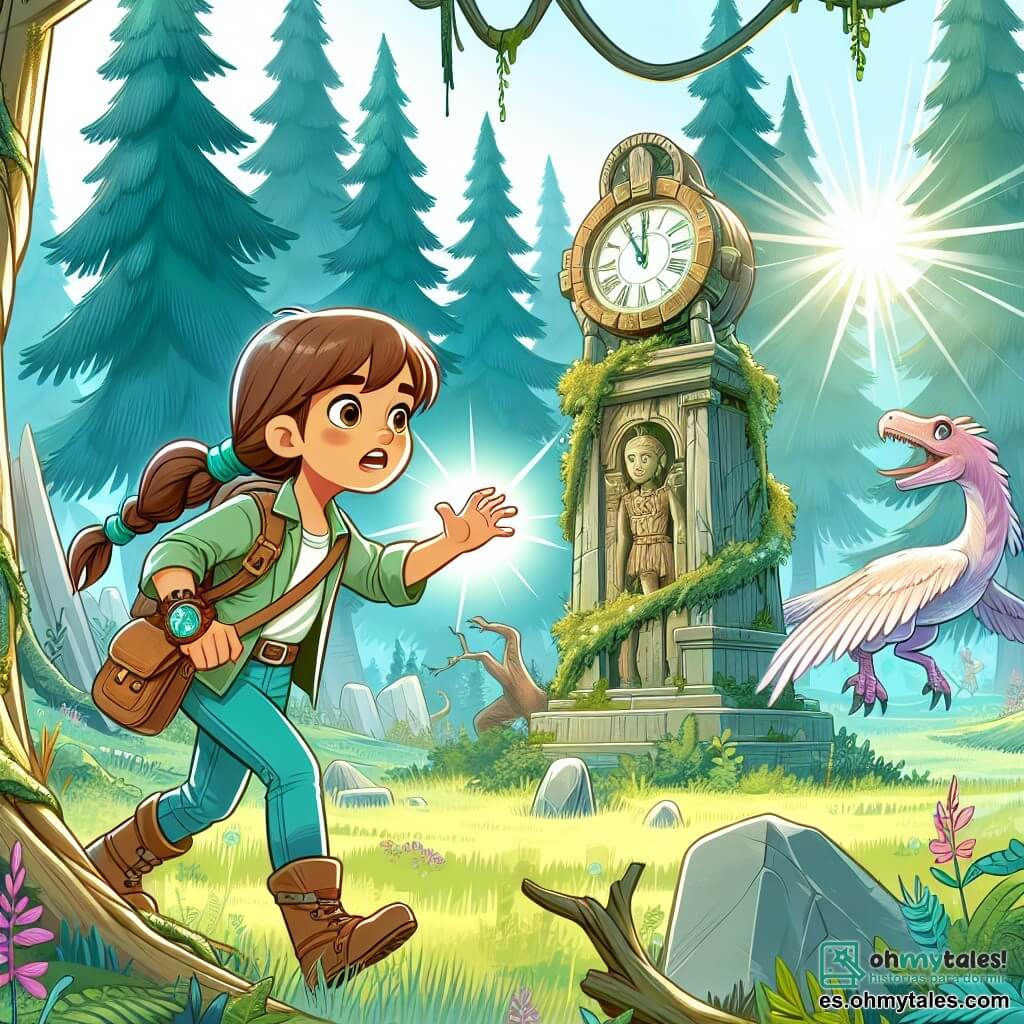 Une illustration destinée aux enfants représentant une jeune fille intrépide découvrant un mystérieux reloj ancien, accompagnée d'une créature brillante dans un prado verdoyant entouré d'immenses arbres et de créatures préhistoriques.