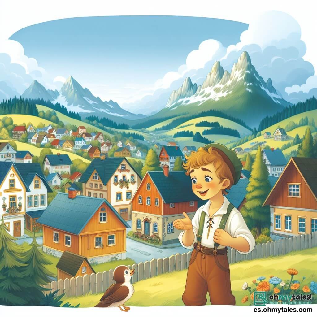 Une illustration destinée aux enfants représentant un jeune garçon curieux et amical, qui fait la rencontre d'une nouvelle amie dans un village pittoresque, entouré de maisons colorées et d'un magnifique paysage naturel.