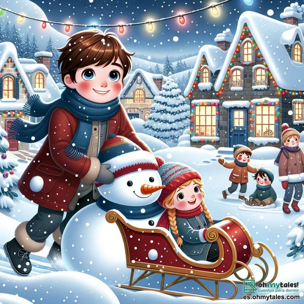Une illustration sous forme de dessin destinée aux enfants représentant un charmant village enneigé avec des maisons aux toits recouverts de neige scintillante, où un garçon de 11 ans aux cheveux châtains et aux joues rosies par le froid, vêtu d'une écharpe rouge et d'un manteau bleu, sourit joyeusement en tirant un trineo décoré de lumières colorées, tandis qu'un groupe d'enfants, dont une fille aux cheveux blonds tressés et un garçon aux lunettes, construisent un grand bonhomme de neige à proximité, capturant l'esprit festif de Noël et l'amitié partagée dans la magie de cette saison.