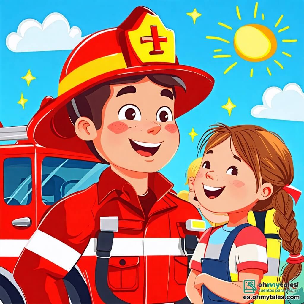 Une illustration sous forme de dessin destinée aux enfants représentant une caserne de pompiers colorée, avec un homme pompier musclé portant un casque rouge et une tenue de feu, souriant et montrant fièrement son camion de pompiers rouge vif, tandis que deux enfants, une fille aux cheveux bruns en tresse et un garçon aux cheveux blonds, regardent émerveillés, avec des étoiles dans les yeux, alors qu'ils rêvent de devenir pompiers comme lui, le tout sous un ciel bleu ensoleillé.