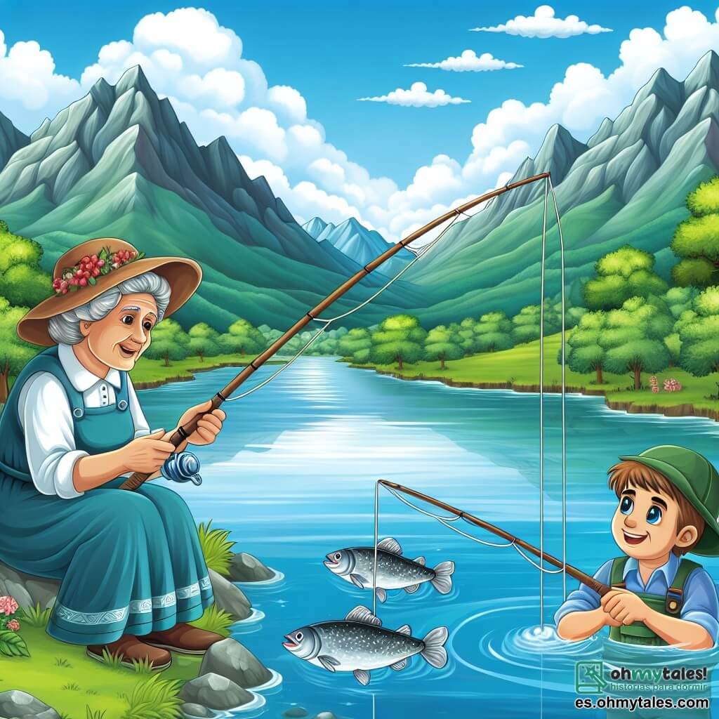Une illustration destinée aux enfants représentant un garçon enthousiaste participant à un concours de pêche au bord d'un río cristallin entouré de montagnes verdoyantes, sous le regard bienveillant de sa douce abuela.