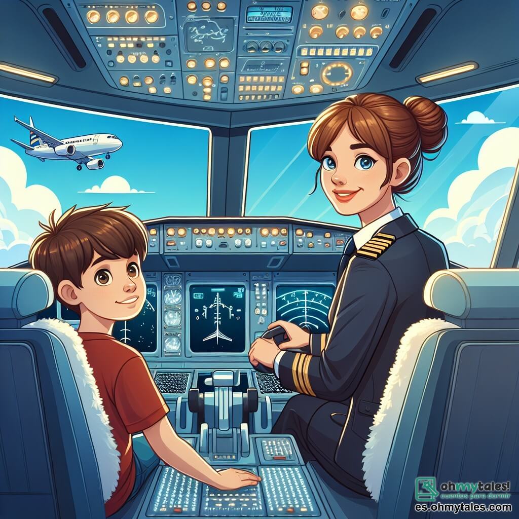 Ilustración que representa una cabina de cockpit de avión moderno, con instrumentos brillantes y pantallas luminosas que muestran datos de vuelo. Dentro, una mujer piloto de unos treinta años, con cabello castaño recogido en un moño, viste un uniforme azul marino con hombreras doradas. Está concentrada, con las manos en el volante y una sonrisa confiada en su rostro mientras guía el avión a través de un cielo azul salpicado de nubes blancas. A su lado, un niño de aproximadamente 10 años, con cabello castaño y ojos desorbitados, lleva una camiseta roja y observa con asombro los controles del cockpit. Está sentado en un asiento, con las manos sobre las rodillas, fascinado por la experiencia de volar. La escena transmite una atmósfera de aventura y descubrimiento, con rayos de sol iluminando la cabina y nubes esponjosas visibles a través del parabrisas.