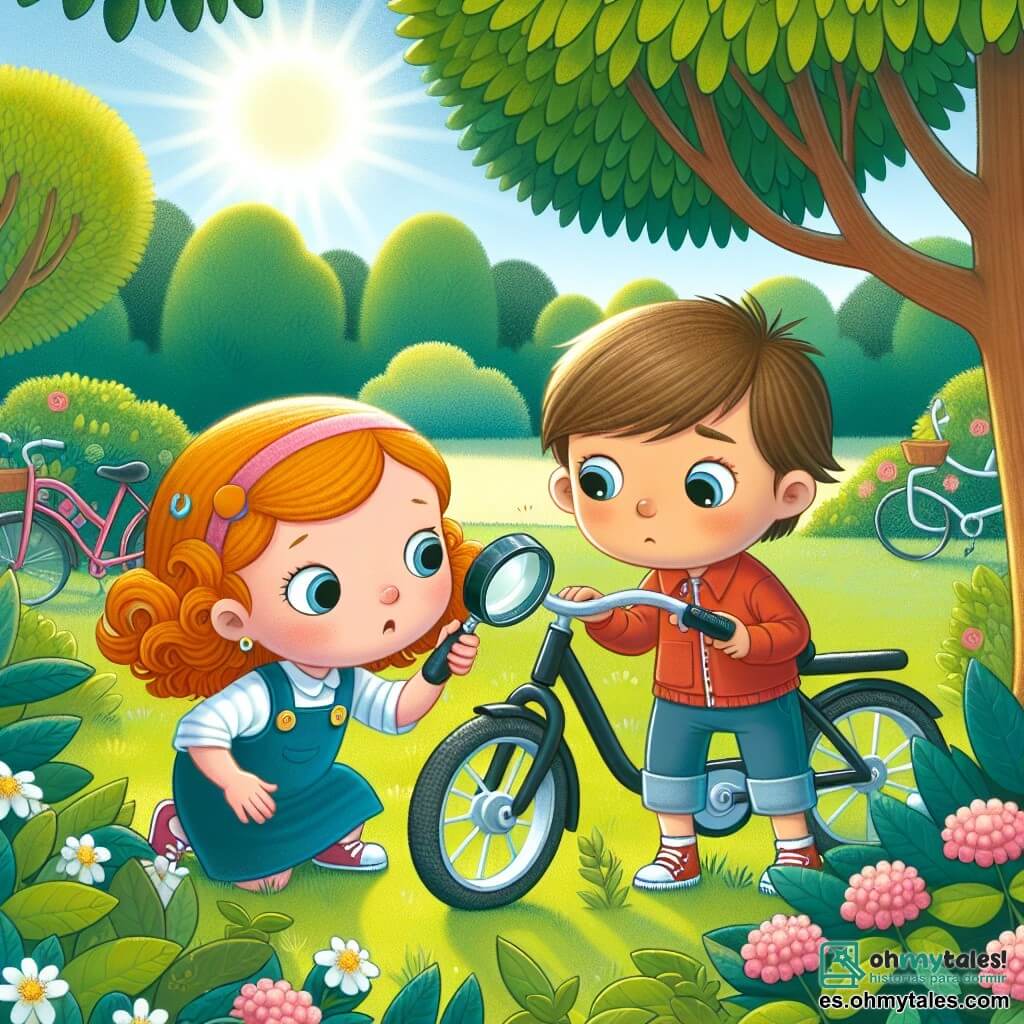 Une illustration destinée aux enfants représentant une petite fille curieuse enquêtant sur la disparition d'une bicyclette avec l'aide d'un garçon courageux, dans un parc ensoleillé aux arbres verdoyants et aux buissons fleuris.