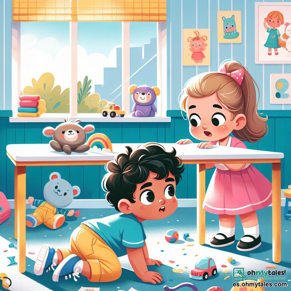 Une illustration sous forme de dessin destinée aux enfants représentant une salle de classe colorée avec des murs décorés de dessins d'enfants, où un garçon de 1 an aux cheveux bruns et bouclés, portant une t-shirt bleu et un pantalon jaune, se penche avec curiosité sous une table à la recherche de son peluche, tandis qu'une fille de 1 an aux cheveux blonds et lisses, vêtue d'une robe rose, l'observe avec un sourire encourageant, tous deux entourés de jouets éparpillés et d'une grande fenêtre laissant entrer la lumière du soleil, capturant l'esprit d'une aventure d'enquête amusante.