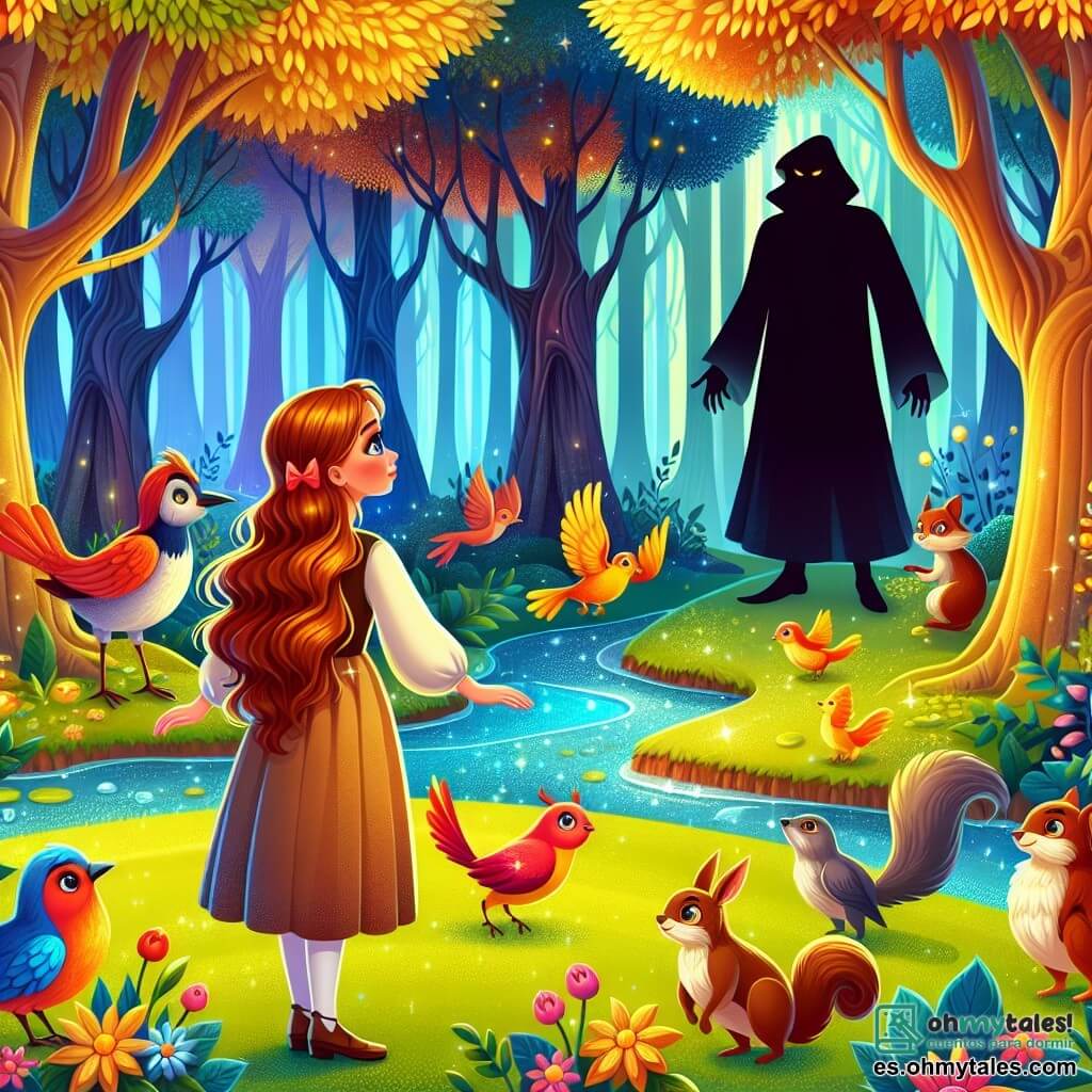 Une illustration sous forme de dessin destinée aux enfants représentant une forêt enchantée, avec des arbres majestueux aux feuilles dorées et un petit ruisseau scintillant, où une jeune fille aux cheveux châtains et aux yeux pétillants, vêtue d'une robe simple mais élégante, se tient courageusement face à un grand sorcier aux vêtements sombres et à l'air menaçant, tandis qu'un groupe d'animaux colorés, comme des oiseaux aux plumes vives et des écureuils curieux, l'entoure, tous unis pour affronter l'ombre du sorcier et restaurer la magie du bois.