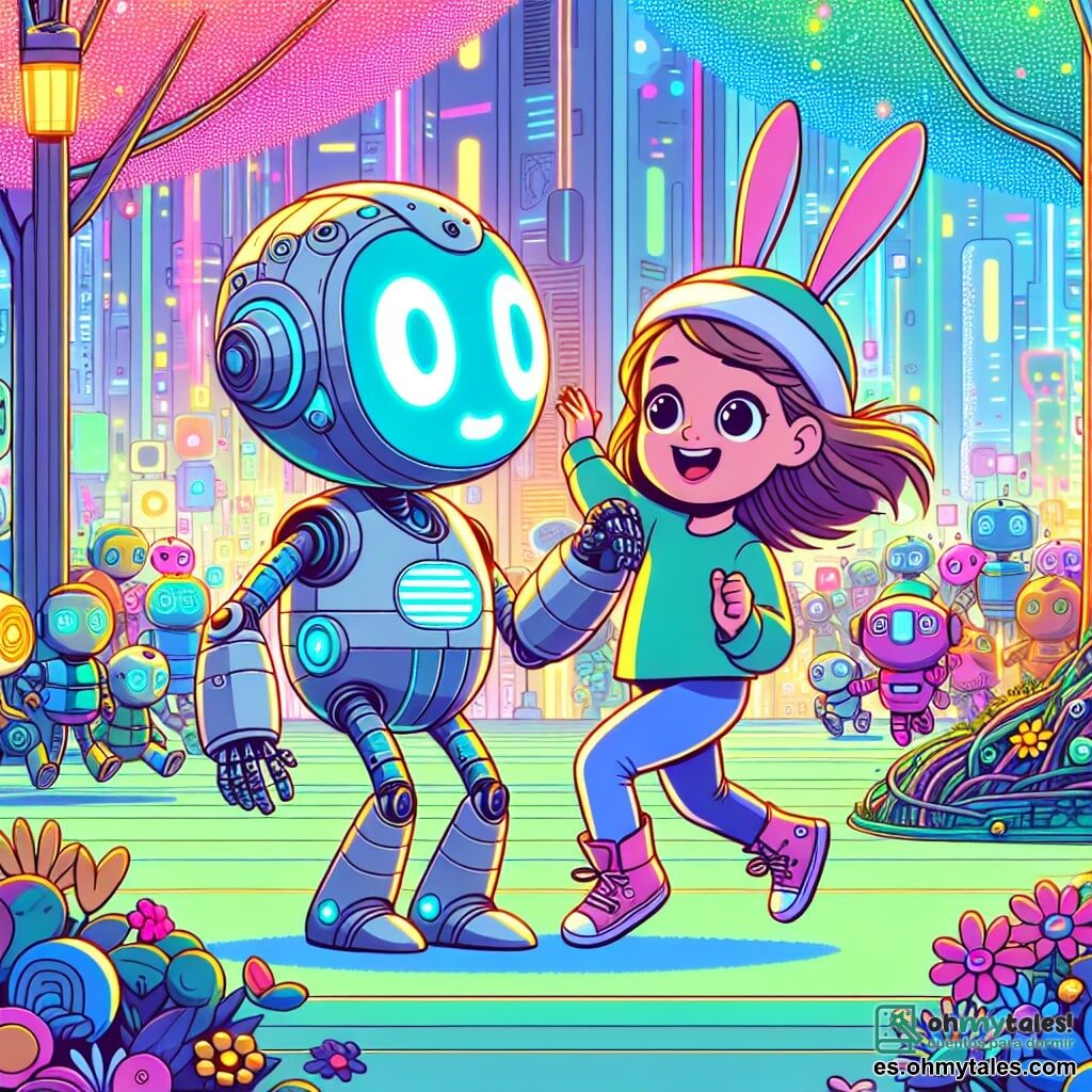 Une illustration sous forme de dessin destinée aux enfants représentant un parc futuriste de la ville de Lumitron, rempli d'arbres en métal scintillant et de fleurs colorées, où une petite fille de 3 ans aux grands yeux curieux et portant une gorra avec des oreilles de lapin joue joyeusement avec un robot amical au design original, qui a une forme étrange et des lumières clignotantes, tandis qu'un groupe de robots aux couleurs vives les observe avec enthousiasme, illustrant le moment où la petite fille aide le robot à se faire des amis et à surmonter sa tristesse.