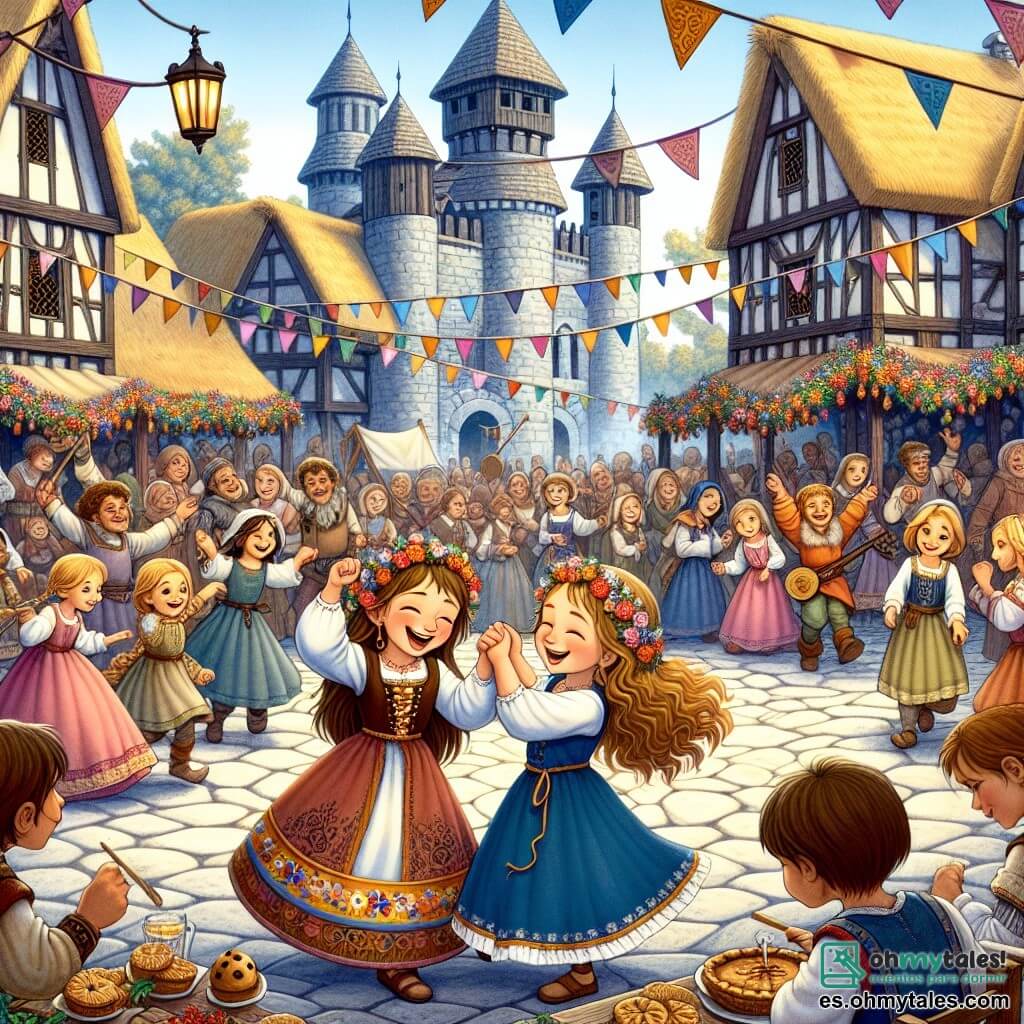 Ilustración que representa una gran fiesta medieval en una plaza animada, rodeada de casas de madera con techos de paja, decoradas con guirnaldas coloridas. En el centro, una escena vibrante con músicos tocando música alegre, niños bailando y mesas llenas de delicias como tartas de frutas y brochetas de carne. Dos personajes principales se destacan: una niña de seis años, con largos cabellos castaños y ojos brillantes, vestida con un vestido colorido adornado con flores, que ríe mientras baila con otra niña, también de seis años, con cabello rubio y rizado, vestida con una túnica sencilla y una falda de lino. Se toman de la mano, con rostros radiantes de alegría. La escena principal muestra a las dos niñas bailando juntas en medio de la fiesta, rodeadas de risas y música, mientras un grupo de aldeanos las observa con sonrisas admirativas. Al fondo, un viejo castillo de piedra se alza majestuosamente, añadiendo un toque de magia a la atmósfera festiva. Lámparas flotan en el aire, iluminando la escena con una luz cálida y acogedora.