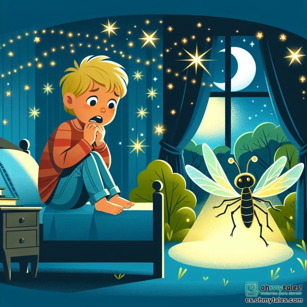 Une illustration destinée aux enfants représentant un jeune garçon tremblant de peur dans le noir de sa chambre, accompagné d'une luciérnaga lumineuse, explorant un mystérieux et enchanteur bosquet étoilé.