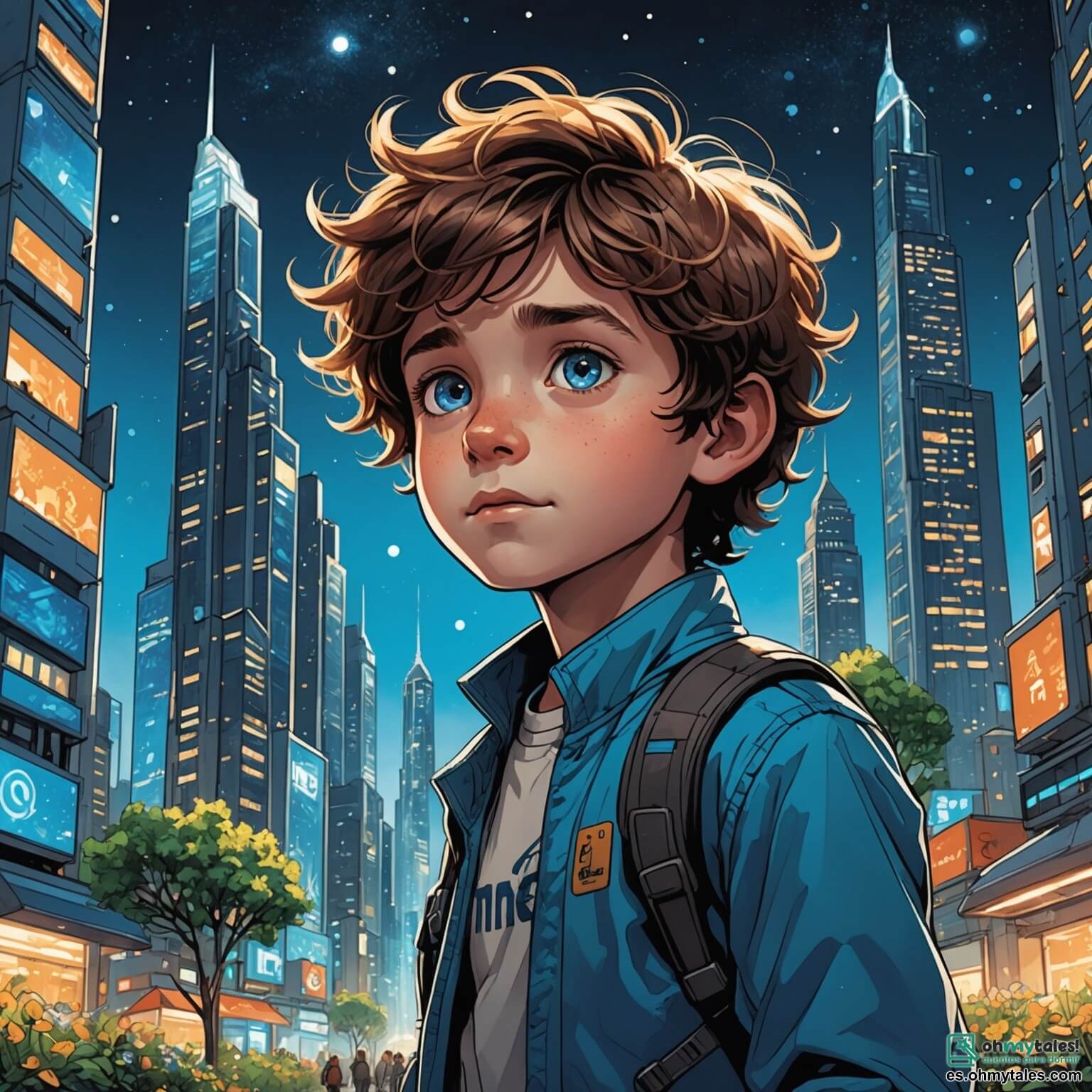 Une illustration destinée aux enfants représentant un garçon aux cheveux ébouriffés et aux yeux pétillants de curiosité, explorant une ville futuriste appelée Lumina, où des gratte-ciels scintillants en verre et en métal s'élèvent vers un ciel étoilé, illuminés par des fleurs bioluminescentes qui dansent au gré du vent, tandis qu'il rencontre une gentille robot aux grands yeux bleus, qui l'accompagne dans sa quête pour découvrir un mystérieux bâtiment aux formes ondulées, tout en naviguant à travers des rues animées où des véhicules flottants glissent silencieusement, créant une atmosphère magique et pleine de promesses d'aventures.