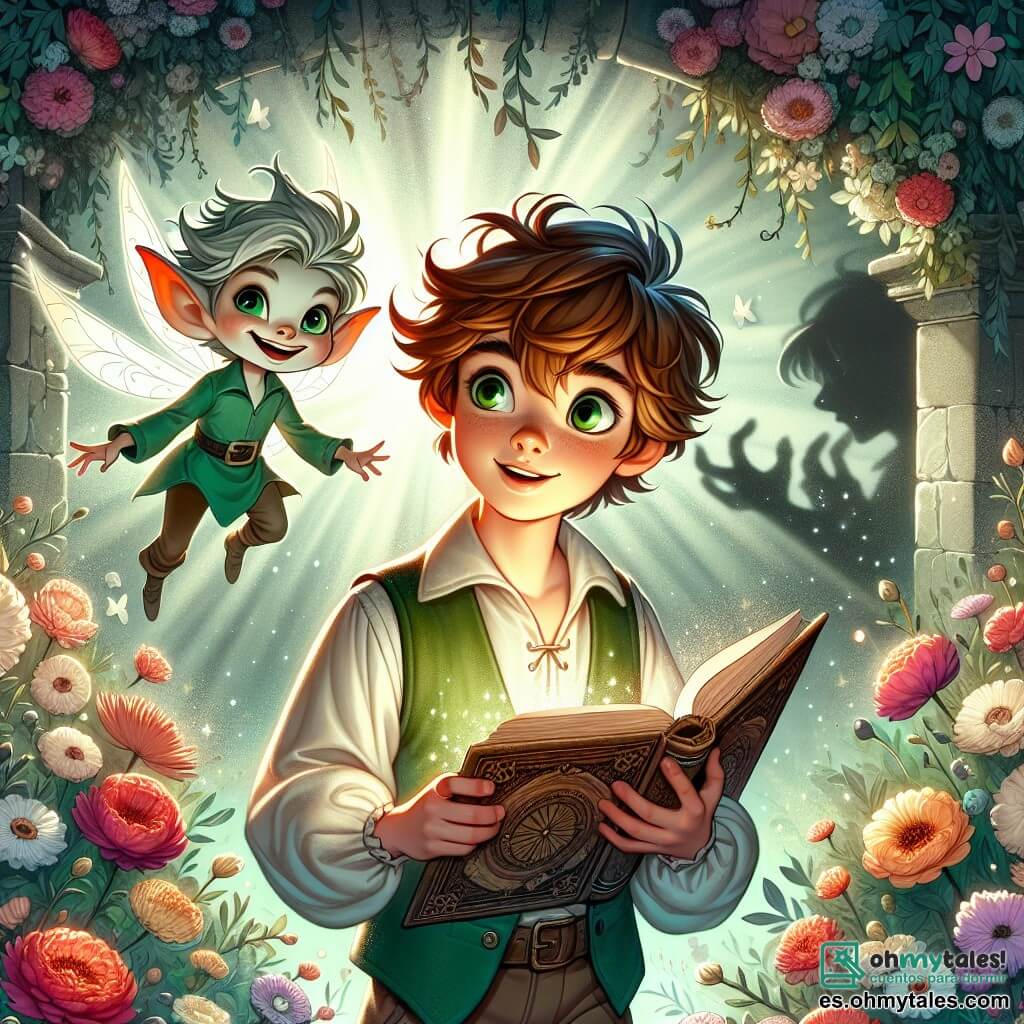 Une illustration sous forme de dessin destinée aux enfants représentant un jardin secret enchanteur, rempli de fleurs colorées et d'une lumière douce, où un garçon de 11 ans avec des cheveux ébouriffés et des yeux pétillants explore avec émerveillement, tenant un livre ancien dans ses mains, tandis qu'un petit duende aux oreilles pointues et à la peau verdâtre, souriant malicieusement, flotte à ses côtés, alors qu'une ombre menaçante se profile à l'arrière-plan, suggérant une aventure magique pleine de mystères à résoudre.