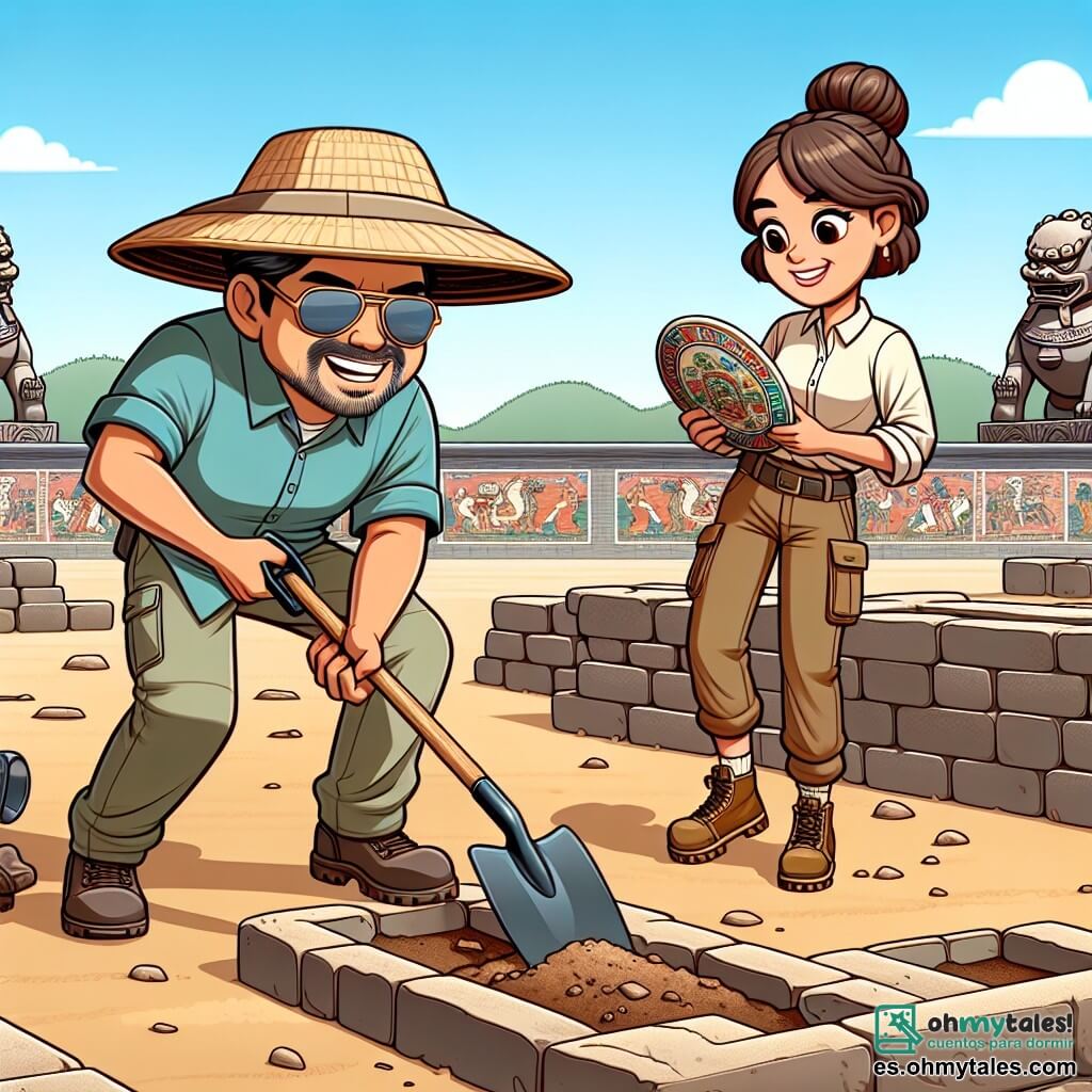 Une illustration sous forme de dessin destinée aux enfants représentant un site archéologique ensoleillé en Chine, avec un homme d'âge moyen portant un large chapeau de paille et des lunettes de soleil, fouillant avec enthousiasme dans la terre à l'aide d'une pelle, tandis qu'une jeune femme aux cheveux bruns attachés en chignon, vêtue d'une chemise à manches longues et d'un pantalon cargo, observe attentivement un ancien plat de céramique qu'elle vient de découvrir, et en arrière-plan, des statues de guerriers de pierre et des murs ornés de fresques colorées, symbolisant l'excitation et la découverte des trésors cachés de la vieille Chine.