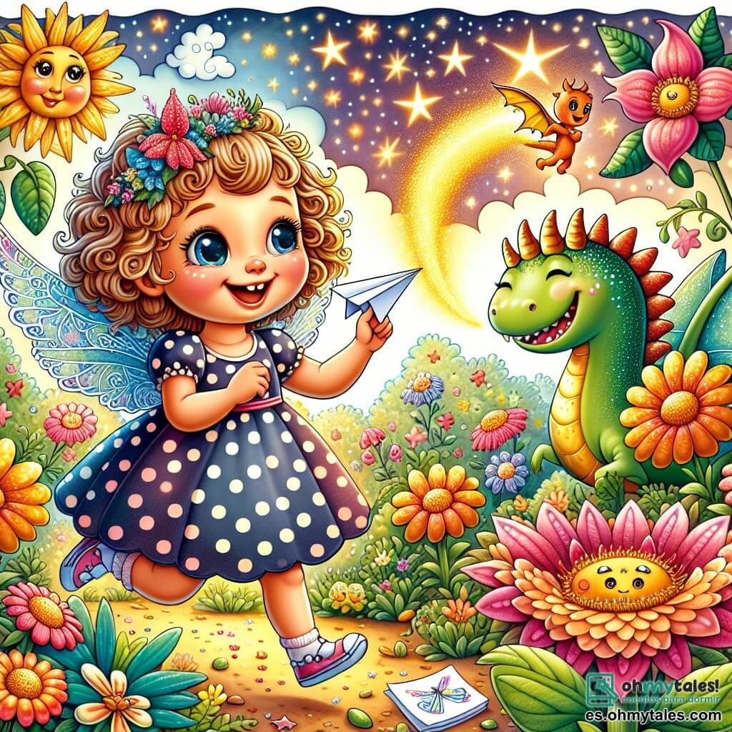 Une illustration sous forme de dessin destinée aux enfants représentant un jardin magique rempli de fleurs colorées et de plantes souriantes, où une petite fille de 5 ans aux cheveux bouclés et aux yeux pétillants, vêtue d'une robe à pois, danse joyeusement en tenant une comète de papier, tandis qu'un petit duende aux ailes brillantes, avec un sourire malicieux, flotte à ses côtés, et un dragon aux écailles scintillantes, assis non loin, regarde avec curiosité, le tout baigné dans une lumière dorée et enjouée qui évoque la magie et l'amitié.