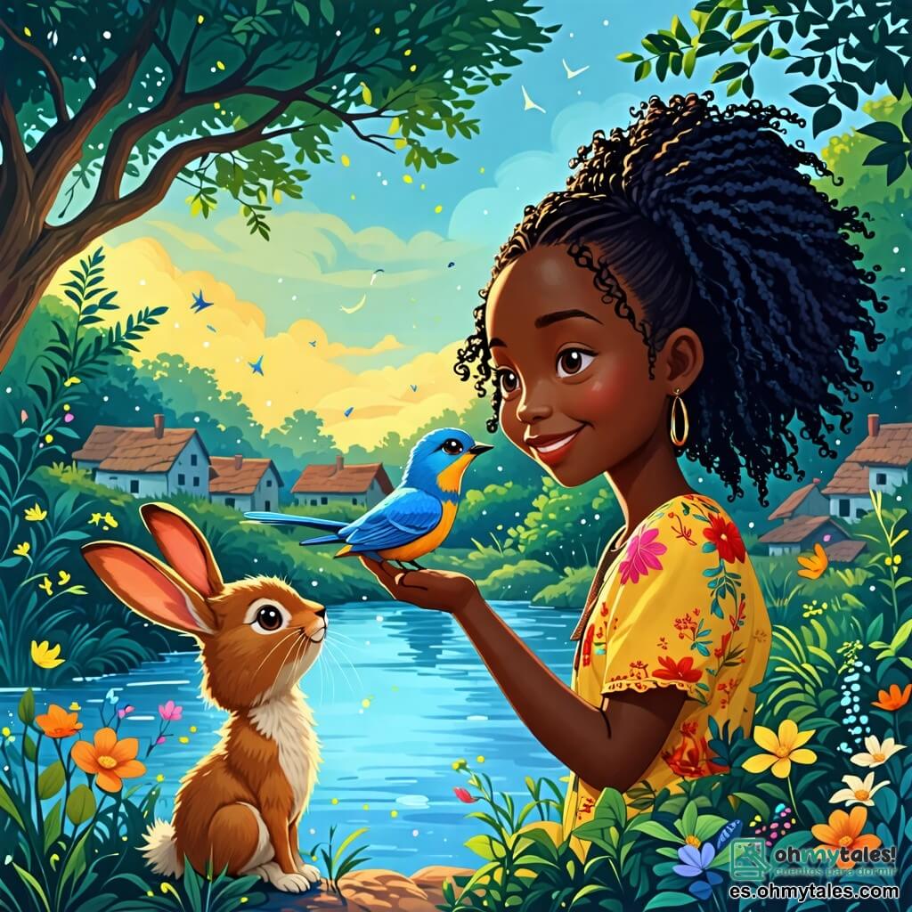 Une illustration sous forme de dessin destinée aux enfants représentant un paisible village africain au bord d'un fleuve scintillant, où une femme aux cheveux noirs comme la nuit et aux yeux brillants comme des lacs, souriante et bienveillante, tend la main vers un petit oiseau coloré aux plumes vives qui lui parle, tandis qu'un adorable petit lapin aux grandes oreilles et au pelage doux les observe avec curiosité, illustrant la magie de la communication entre les animaux et les humains dans un cadre naturel vibrant de verdure et de lumière.