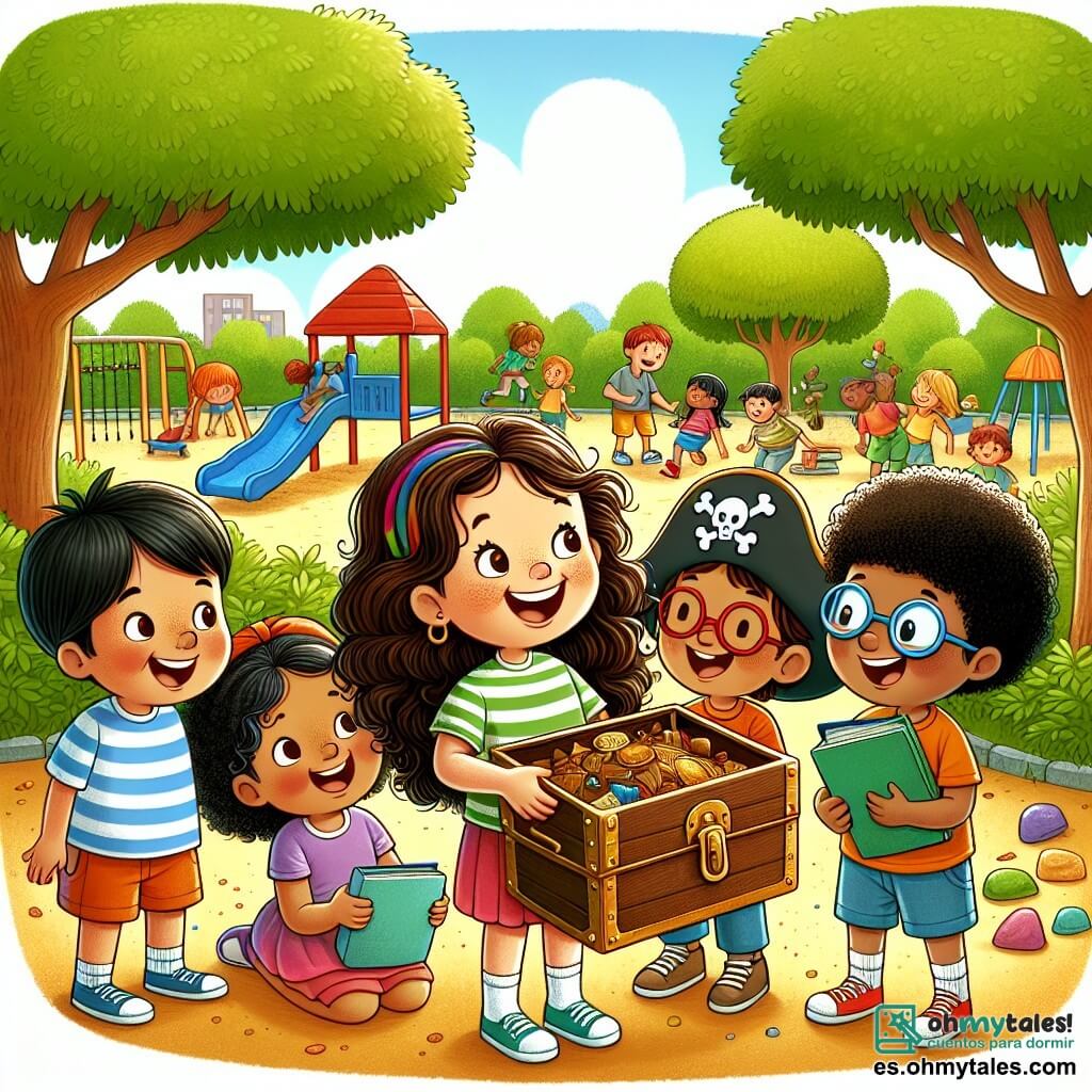 Une illustration sous forme de dessin destinée aux enfants représentant un parc ensoleillé avec des arbres verdoyants et une aire de jeux colorée, où une fille de 11 ans aux cheveux bouclés et rieurs, vêtue d'une t-shirt à rayures et d'un short, tient un vieux baúl rempli de trésors poussiéreux, entourée de trois amis : un garçon aux lunettes et à la tablette, une fille avec des livres sous le bras et un petit garçon énergique portant un chapeau de pirate, tous riant et s'émerveillant ensemble à la découverte de leur trésor d'aventure, illustrant l'esprit d'amitié et de curiosité qui les unit.