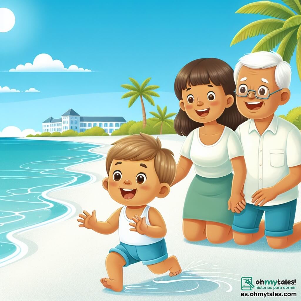 Une illustration destinée aux enfants représentant un petit garçon joyeux découvrant la mer pour la première fois, accompagné de ses parents, sur une plage de sable blanc bordée de palmiers et baignée par un ciel bleu azur.