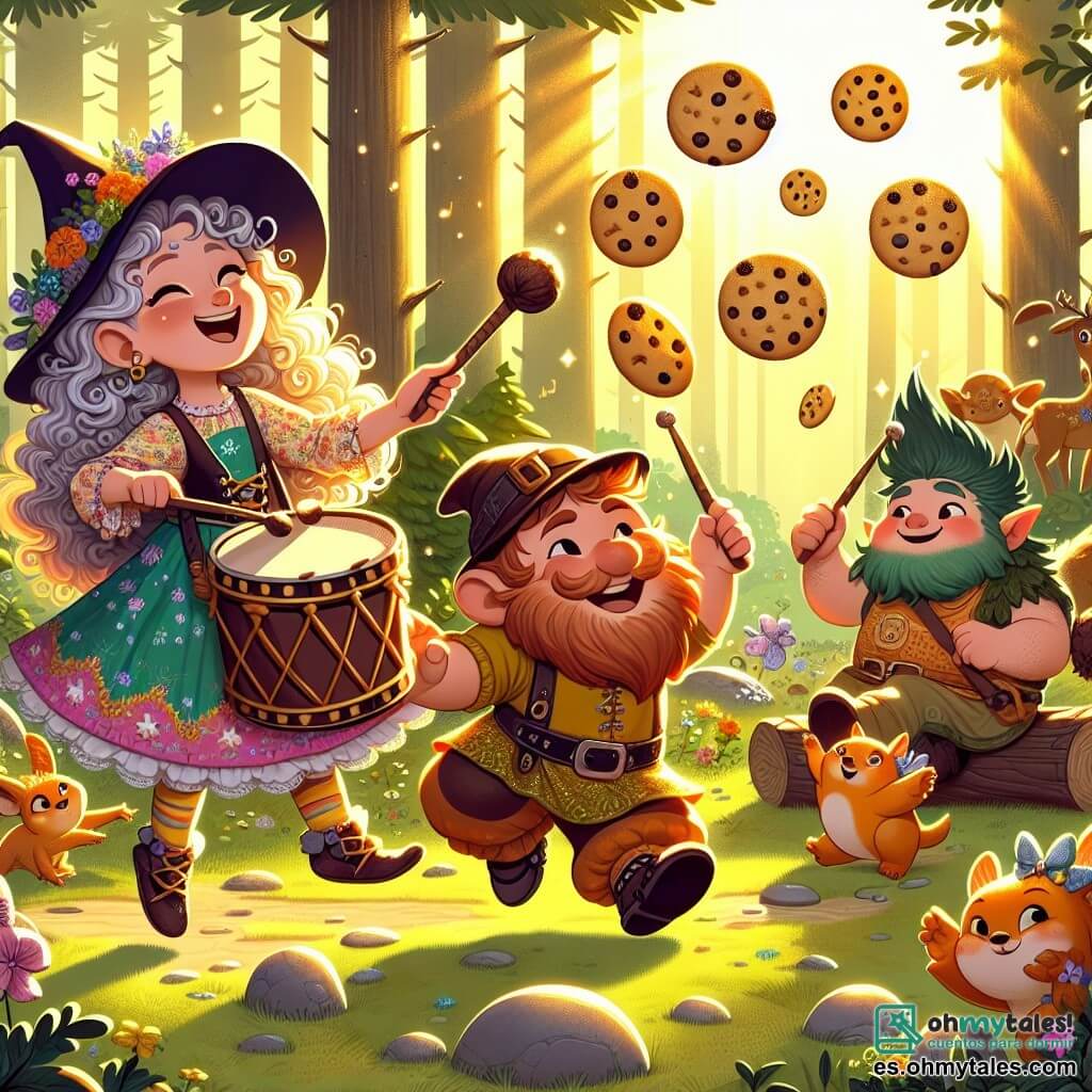 Une illustration sous forme de dessin destinée aux enfants représentant un clair de forêt enchanté, baigné de lumière dorée, où une jeune apprentie sorcière aux cheveux bouclés et désordonnés, vêtue d'une robe colorée et d'un grand chapeau incliné, s'amuse à poursuivre des galletes volantes qui dansent dans les airs, tandis qu'un gros troll à la barbe fournie, souriant et joyeux, joue du tambour à côté d'un petit dragon aux écailles scintillantes qui fait des pirouettes, le tout entouré d'animaux curieux qui observent la scène avec émerveillement.