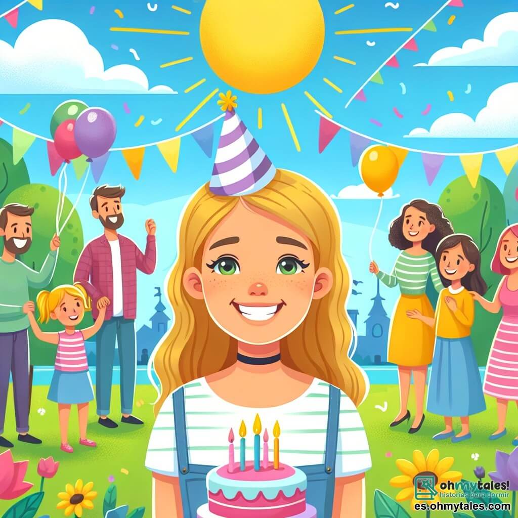 Une illustration destinée aux enfants représentant une fillette joyeuse fêtant son anniversaire entourée de sa famille et de ses amis dans un parc d'attractions coloré sous un ciel bleu et ensoleillé.