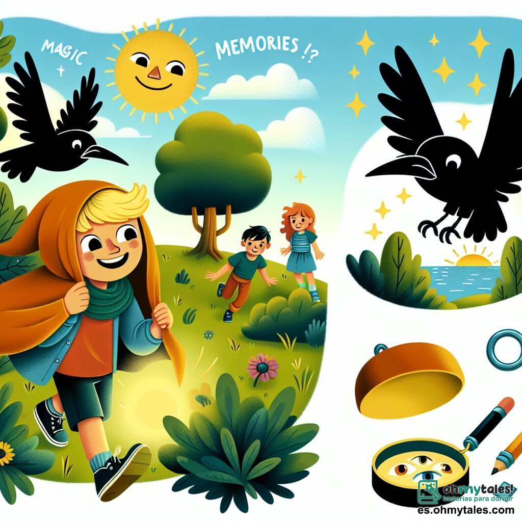 Une illustration destinée aux enfants représentant un garçon curieux découvrant la magie des souvenirs avec ses amis dans un parc ensoleillé, alors qu'un oiseau noir mystérieux survole les arbres.