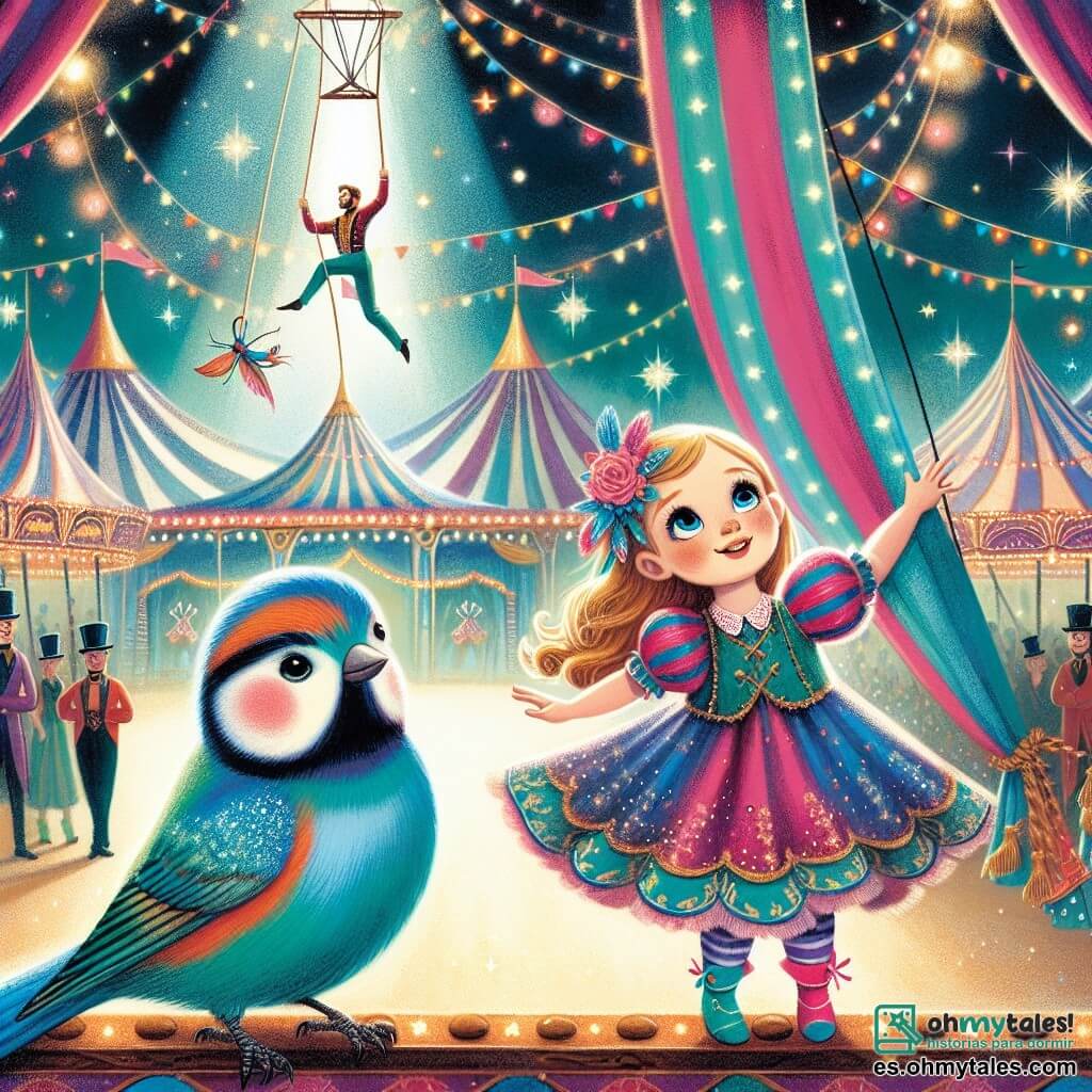 Une illustration destinée aux enfants représentant une petite fille courageuse rêvant de devenir une grande trapecista, accompagnée d'un adorable oiseau coloré, dans le magnifique Circo de las Maravillas, avec ses chapiteaux chatoyants et ses artistes magiques.