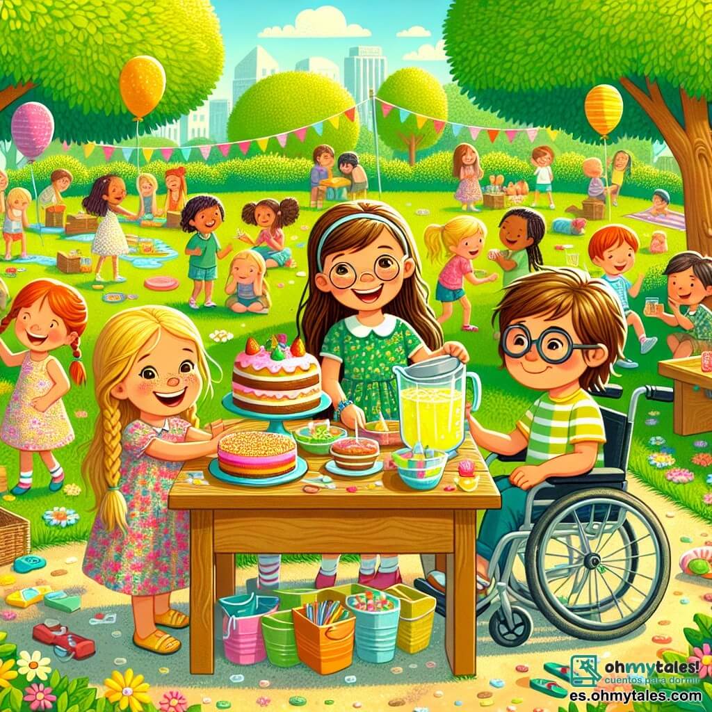 Ilustración que representa un parque colorido y animado, con árboles de hojas verdes brillantes y flores multicolores esparcidas por el césped. En el centro, tres niños están reunidos alrededor de una gran mesa de madera, cubierta de pasteles, limonada y juguetes. Hay una niña de nueve años, con largos cabellos castaños y gafas redondas, que sonríe alegremente mientras sostiene un plato de pasteles. A su lado, otra niña, también de nueve años, tiene trenzas rubias y lleva un vestido de flores. Ella está repartiendo vasos de limonada a los niños que la rodean. Finalmente, un niño de diez años, con cabello castaño y una sonrisa cálida, está sentado en una silla de ruedas, sosteniendo un pequeño cartel de cartón que dice "Fiesta de la solidaridad". La escena irradia una atmósfera de alegría y camaradería, con niños riendo y jugando a su alrededor. Al fondo, adultos sonrientes se unen a la fiesta, trayendo juguetes y donaciones, mientras globos coloridos flotan en el cielo azul. La ilustración captura el espíritu de solidaridad y amistad que une a estos niños en su hermosa iniciativa.