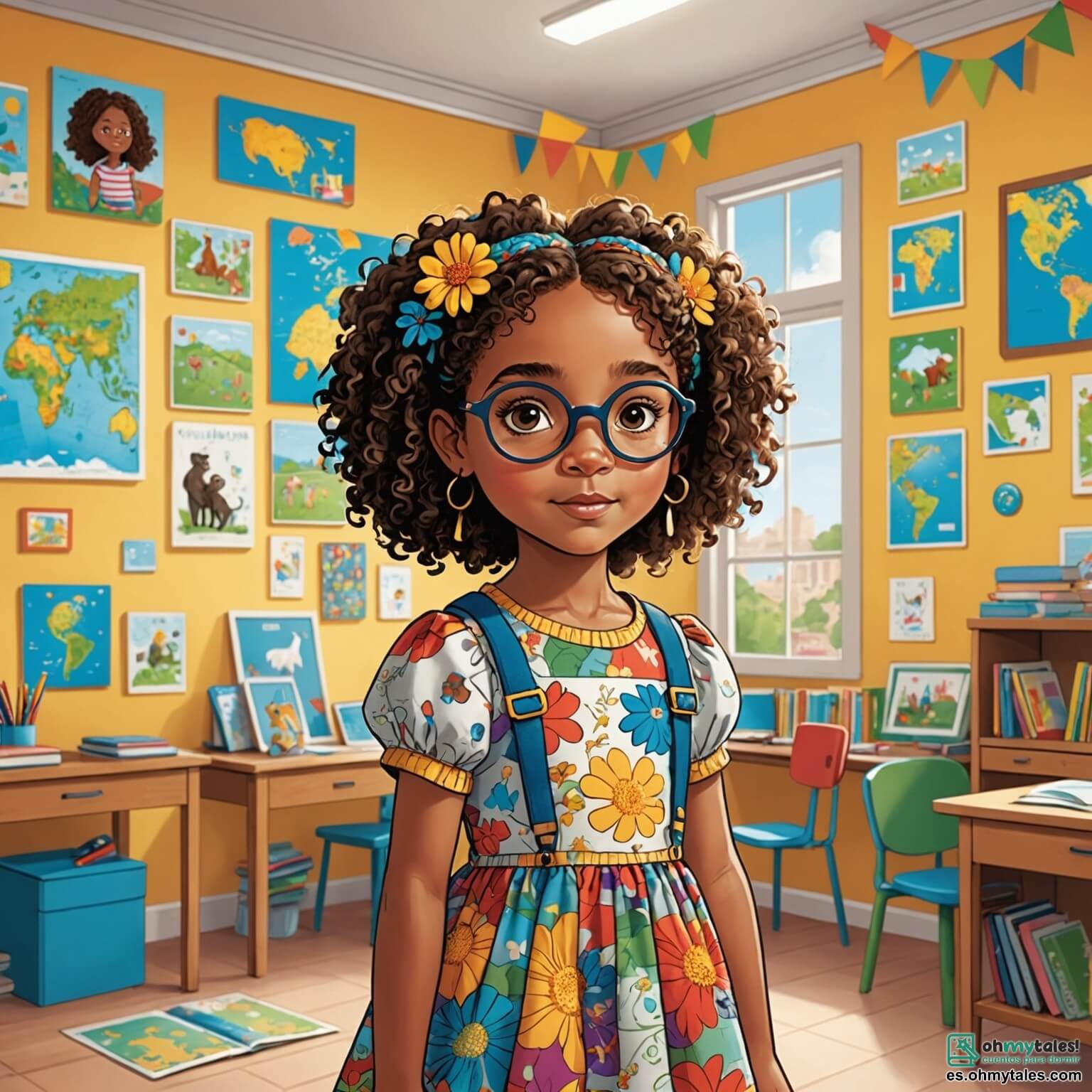 Une illustration destinée aux enfants représentant une petite fille aux cheveux bouclés et aux yeux pétillants de curiosité, vêtue d'une robe colorée ornée de fleurs, se tient au centre d'une salle de classe lumineuse où les murs sont décorés de dessins d'animaux et de cartes du monde, entourée de ses trois amis : un garçon aux lunettes rondes qui s'appelle Tomás, une fille aux tresses soignées nommée Sofía, et un garçon au sourire malicieux prénommé Mateo, tous assis à de petites tables en bois, tandis que la maîtresse, une femme douce et souriante, observe avec bienveillance leur enthousiasme débordant pour créer un grand dessin collectif sur la pizarra, remplie de couleurs vives et d'imagination, dans cette école où l'apprentissage et l'amitié se mêlent joyeusement.