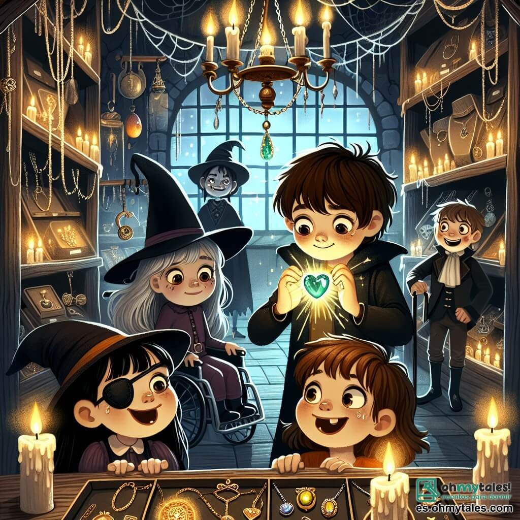 Ilustración que representa una escena mágica en una joyería antigua, donde estanterías de madera oscura están llenas de joyas brillantes y objetos misteriosos. La luz de las velas titila, proyectando sombras danzantes en las paredes adornadas con telarañas. En el centro, un niño de once años, con el cabello castaño despeinado y ojos llenos de curiosidad, sostiene un amuleto en forma de corazón con una piedra verde brillante. A su lado, una niña de su edad, con cabello largo y negro, vestida de bruja con un sombrero puntiagudo, mira al niño con asombro y emoción. Otro niño, disfrazado de vampiro con colmillos afilados y una capa negra, observa la escena con una sonrisa traviesa, mientras que una niña en silla de ruedas, vestida de pirata con un parche en el ojo, sonríe alegremente, cautivada por la magia del momento. La situación principal muestra a los niños descubriendo el poder del amuleto, mientras un destello de luz verde emana de él, iluminando sus rostros maravillados. En el fondo, libros antiguos y objetos misteriosos añaden una atmósfera de aventura y misterio, mientras estrellas brillantes aparecen a través de una ventana, sugiriendo un mundo mágico más allá de la joyería.