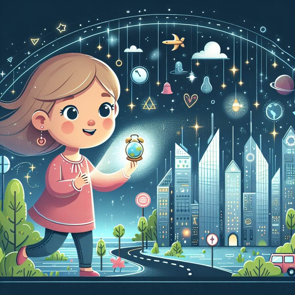 Une illustration destinée aux enfants représentant une jeune fille curieuse vivant dans une ville futuriste remplie de gratte-ciel étincelants, où elle découvre un mystérieux objet qui la transporte dans un monde magique et la pousse à protéger son environnement.