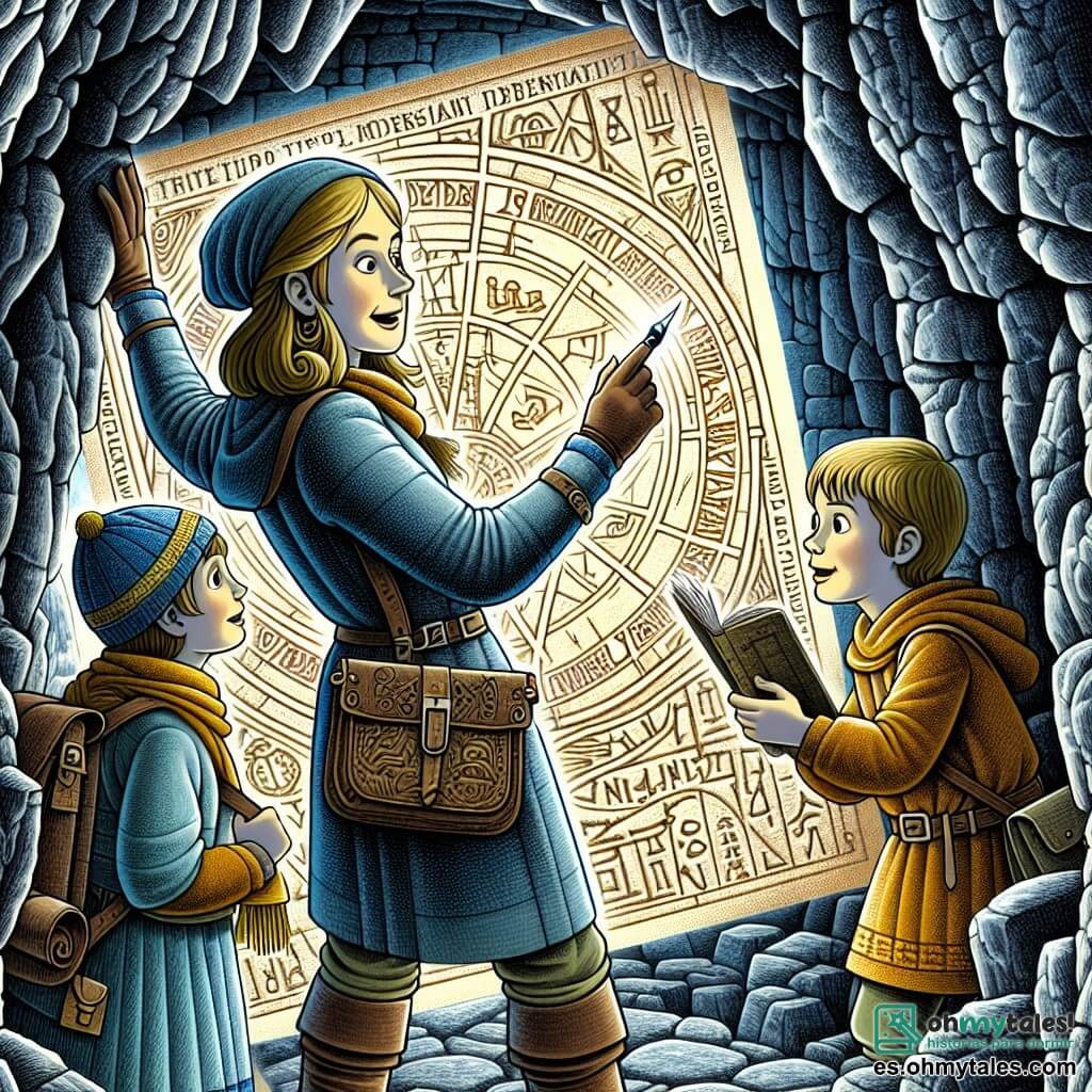 Une illustration destinée aux enfants représentant une archéologue passionnée (femme) découvrant une mystérieuse carte ancienne avec l'aide de ses deux jeunes neveux (une fille et un garçon) dans une ancienne et sombre cave cachée au cœur des montagnes, avec des inscriptions énigmatiques gravées sur les murs de pierre.