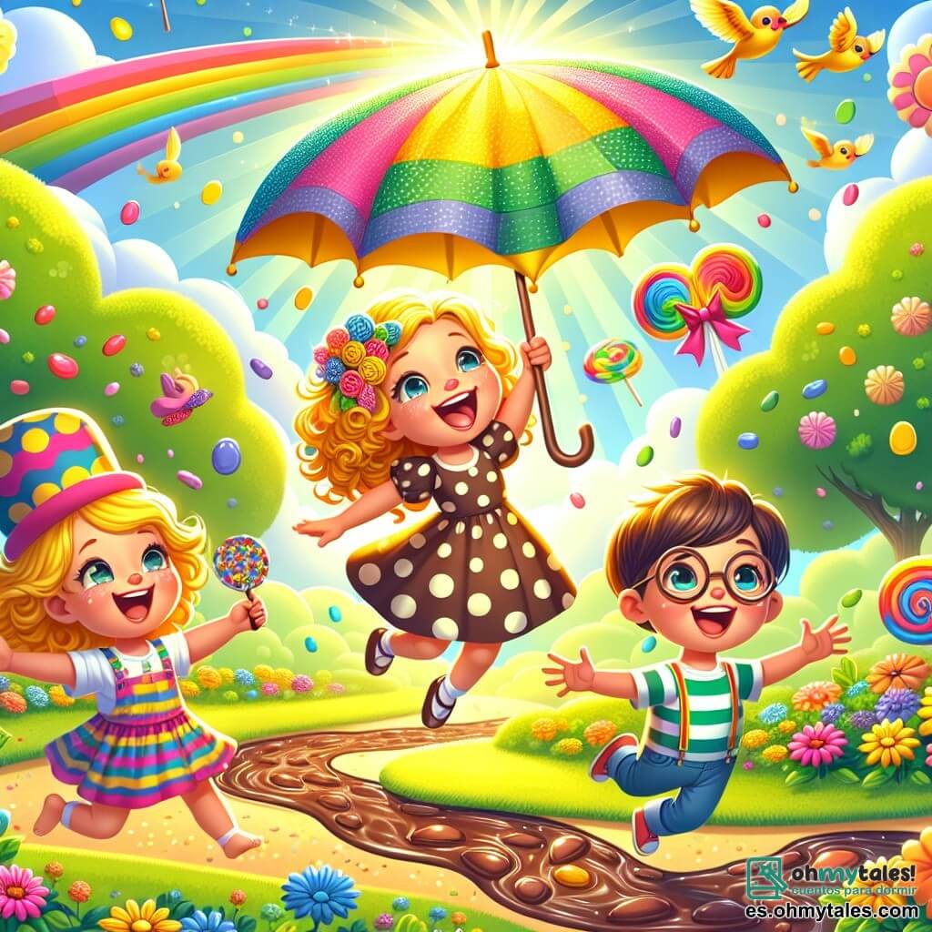 Ilustración que representa un parque soleado, lleno de flores coloridas y árboles con hojas brillantes. En el centro, un grupo de tres niños está flotando en el aire gracias a un gran paraguas multicolor que brilla con un resplandor dorado. Hay una niña de aproximadamente seis años, con cabello rizado dorado, que lleva un vestido de lunares y ríe a carcajadas, sosteniendo el paraguas con entusiasmo. A su lado, un niño de seis años, con grandes gafas redondas y una camiseta a rayas, mira a su alrededor con ojos desorbitados, con los brazos extendidos como si volara. Finalmente, otra niña, también de seis años, lleva un sombrero de payaso colorido y sonríe alegremente, sosteniendo una pequeña pandereta en una mano. La escena muestra a los niños elevándose en el aire, rodeados de nubes en forma de caramelos y ríos de chocolate que serpentean a lo lejos. Aves de plumas brillantes vuelan a su alrededor, añadiendo un toque de magia a la ilustración.