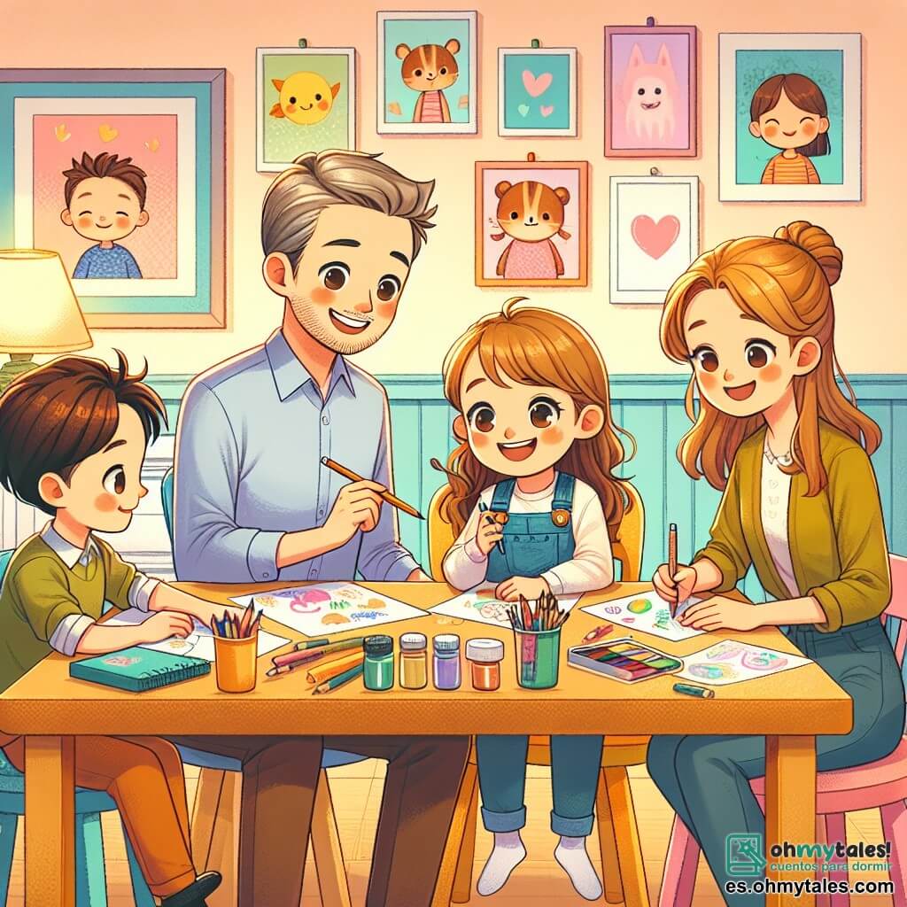 Ilustración que representa una escena cálida en un comedor familiar. La habitación es luminosa, con una gran mesa de madera en el centro, rodeada de sillas de colores. Las paredes están pintadas en tonos pastel, y dibujos de niños decoran las paredes, añadiendo un toque alegre. En el centro de la mesa, un niño de siete años, con cabello castaño y ojos brillantes, sonríe sosteniendo un lápiz y una hoja de papel. A su lado, una niña de diez años, con cabello largo y rubio, mira a su hermano con admiración, sosteniendo un pincel. Los padres, un hombre y una mujer de unos treinta años, están sentados frente a ellos. El padre, con cabello corto y una barba ligera, sonríe cálidamente, mientras que la madre, con cabello castaño recogido en un moño, los observa con ternura. La escena principal muestra a la familia compartiendo ideas para un dibujo colectivo, celebrando su conexión y amor. Lápices, marcadores y hojas de papel están esparcidos sobre la mesa, mientras que un corazón dibujado por uno de ellos es visible en el papel. La escena emana una atmósfera de alegría, complicidad y creatividad familiar.