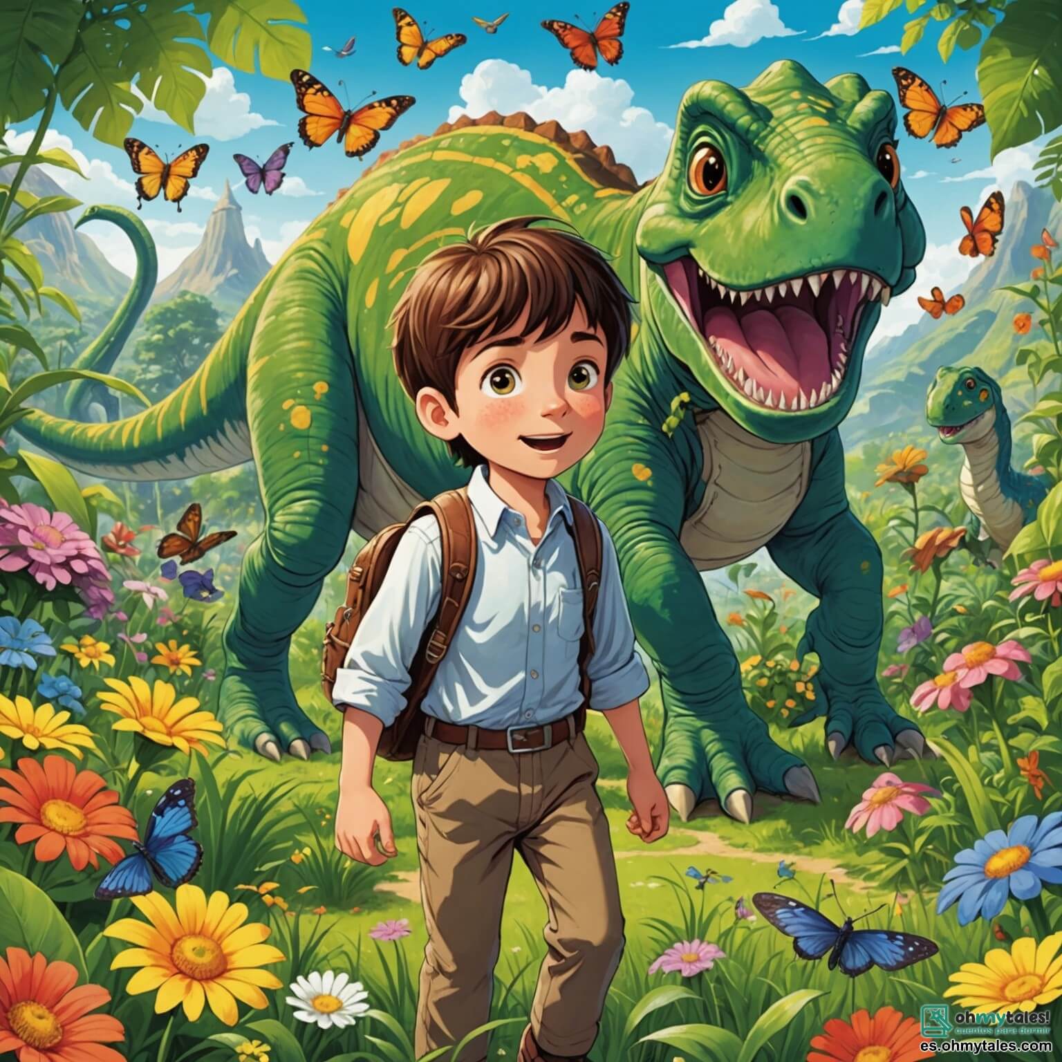 Une illustration destinée aux enfants représentant un petit garçon curieux aux yeux pétillants, perdu dans un jardin luxuriant rempli de fleurs colorées et de papillons virevoltants, qui découvre un mystérieux et brillant réveil de poche qui le transporte dans un monde préhistorique peuplé de dinosaures géants, où il fait la connaissance d'un grand diplodocus amical, tout en cherchant à retrouver son chemin vers sa maison.